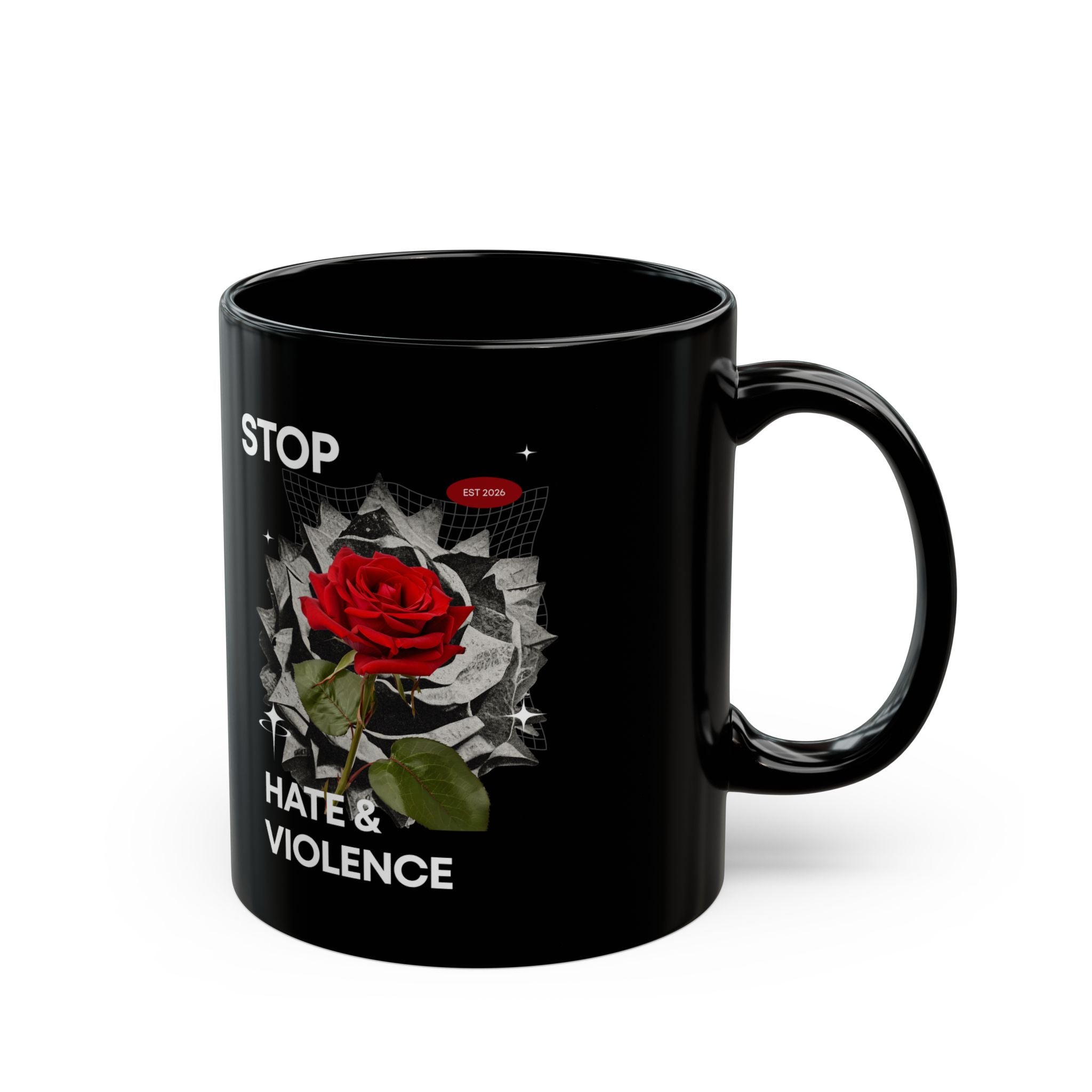 Stop Hate & Violence Black Mug — Red Rose Anti-Violence Coffee Cup (11oz/15oz)