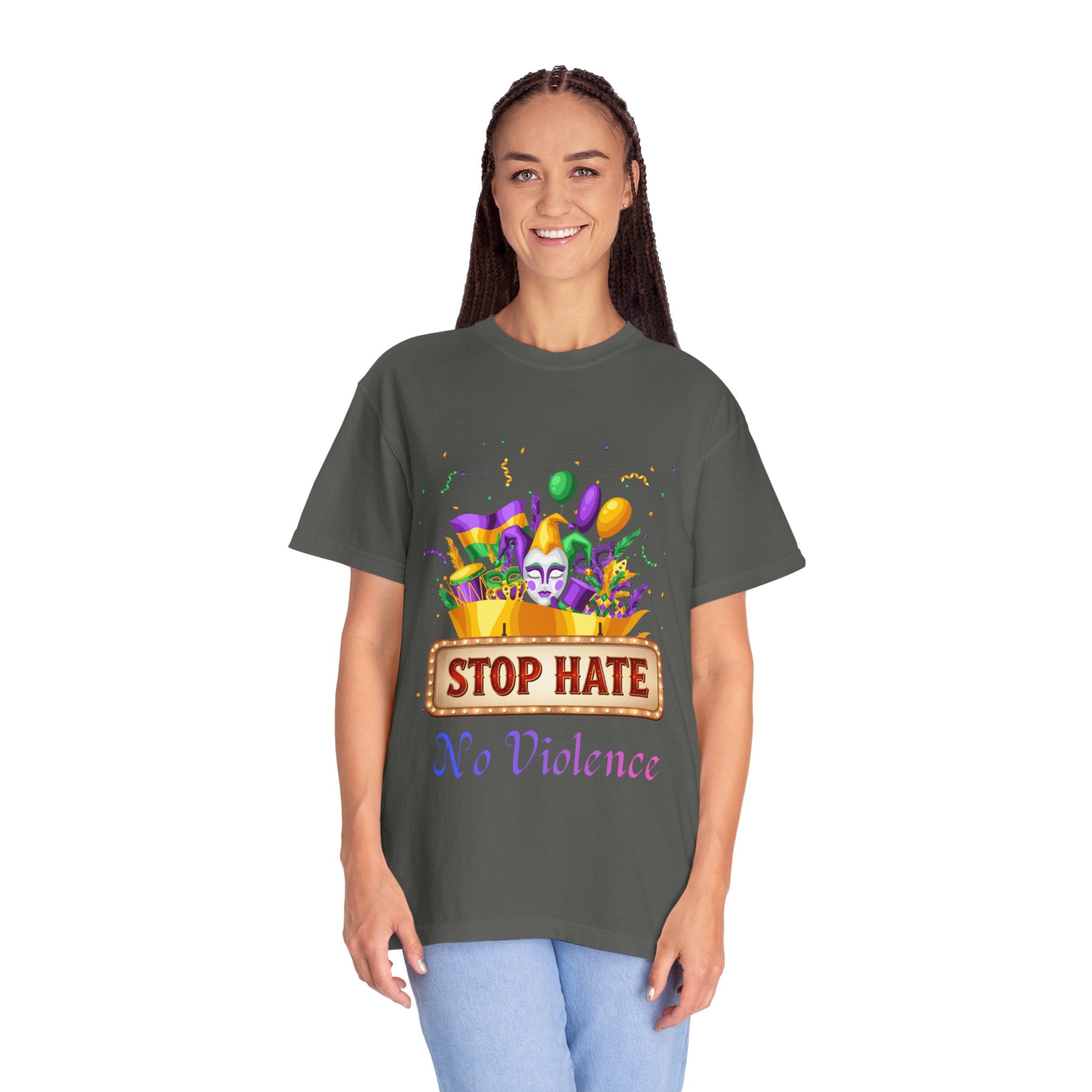 T-Shirt — "Stop Hate, No Violence" Mardi Gras Parade Design