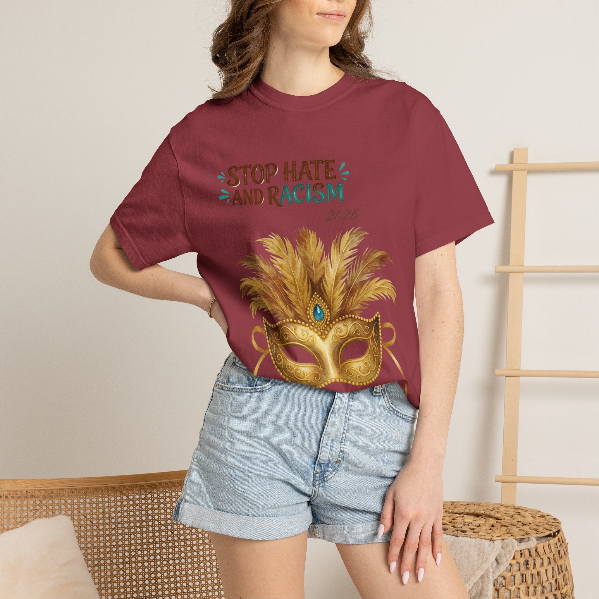 Stop Hate and Racism T-Shirt — Mardi Gras Mask Anti-Racism Tee