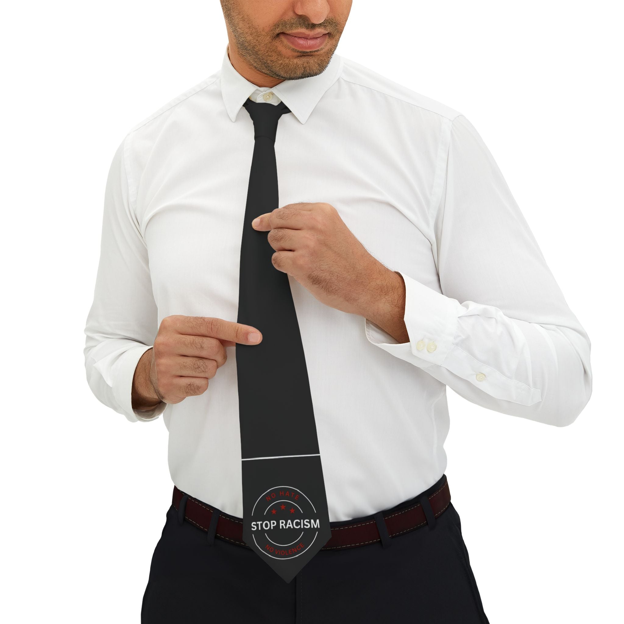 Stop Racism Necktie — Black Formal Tie with Anti-Racism Emblem
