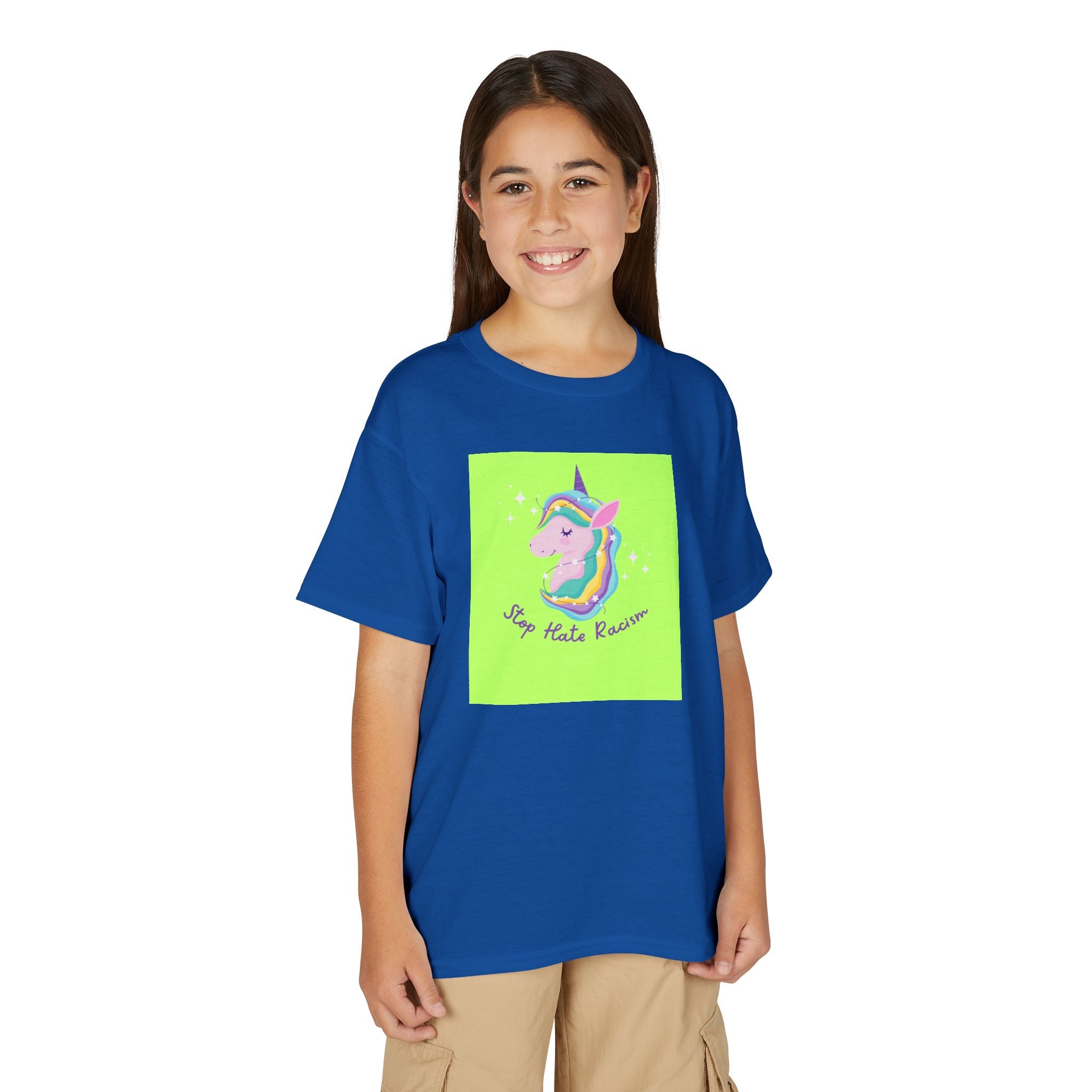Youth T-Shirt — Rainbow Unicorn “Stop Hate Racism” Graphic