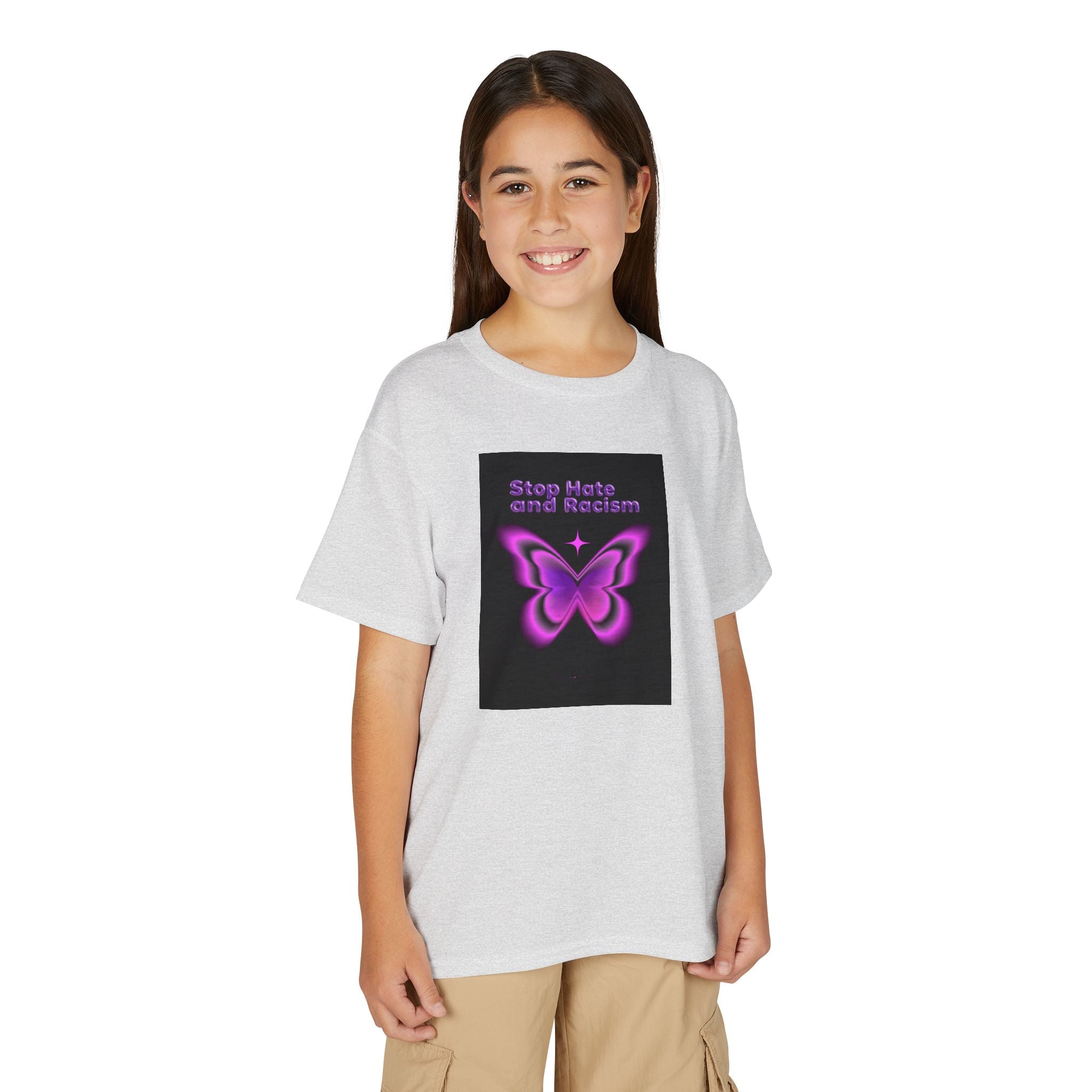 Youth T-Shirt — "Stop Hate and Racism" Pink Butterfly Anti-Racism Tee