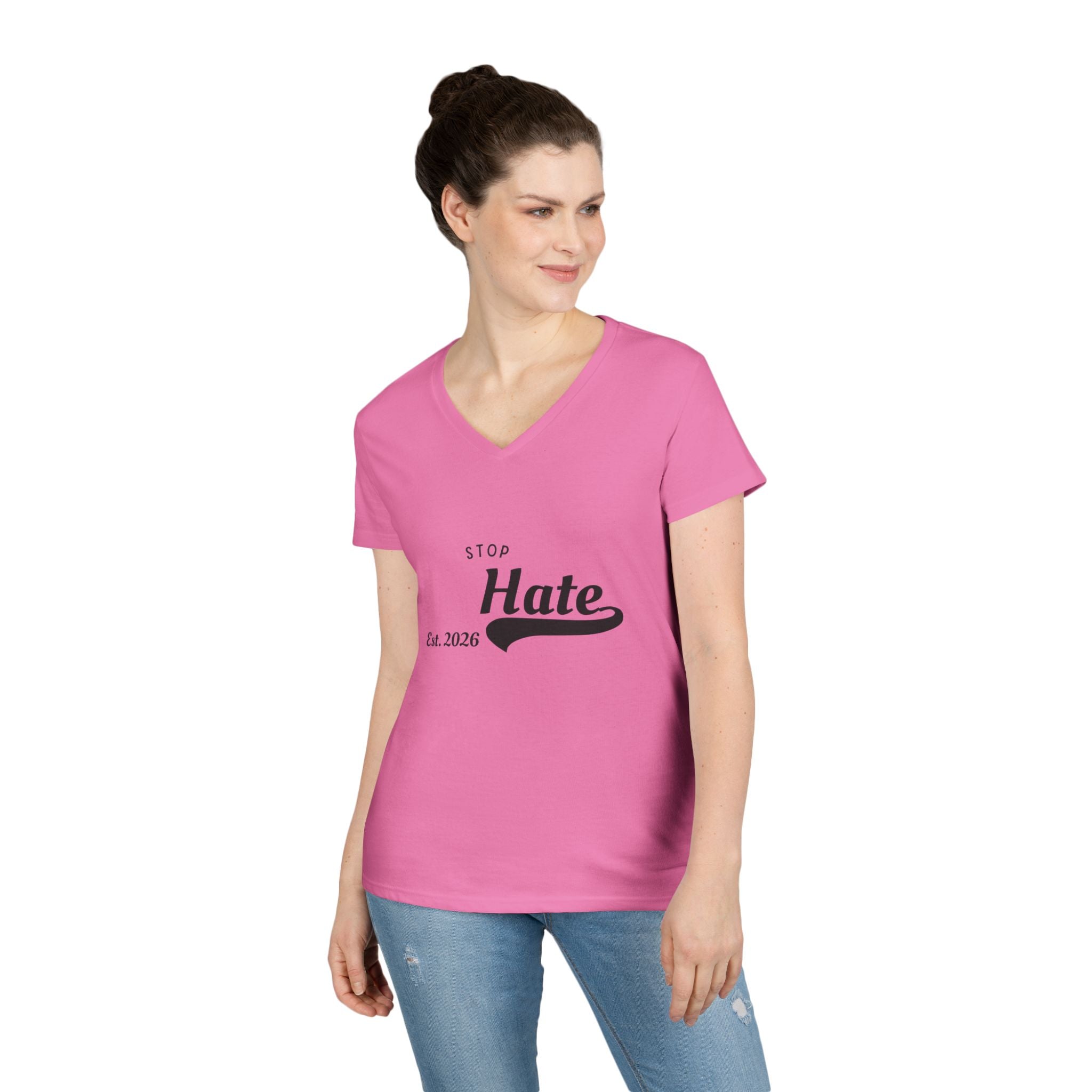 Ladies' V-Neck T-Shirt — "Stop Hate Est. 2026" Anti-Hate Message Tee