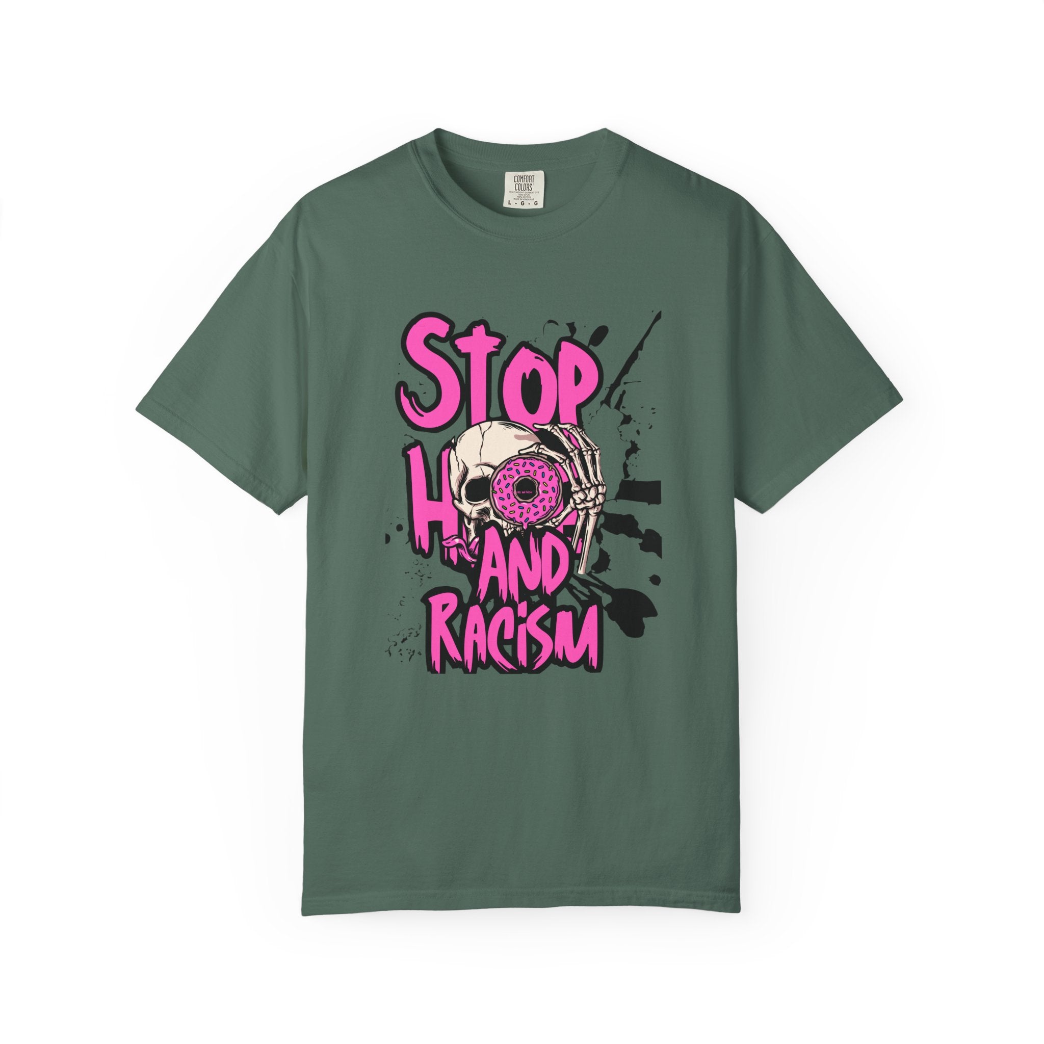 Stop H8 and Racism Graphic Tee — Anti-Racism Skull Donut Protest T-Shirt