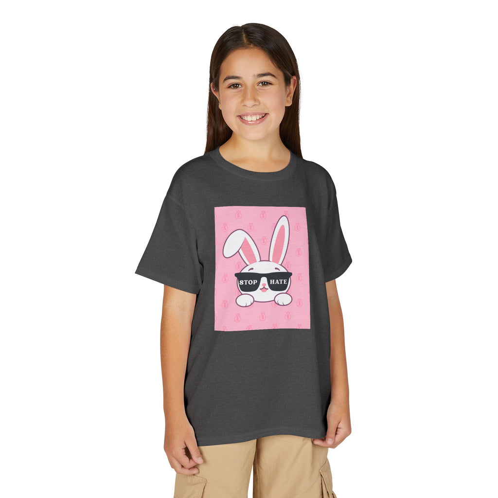 Youth T-Shirt — Pink Bunny Wearing "Stop Hate" Sunglasses Kids Tee