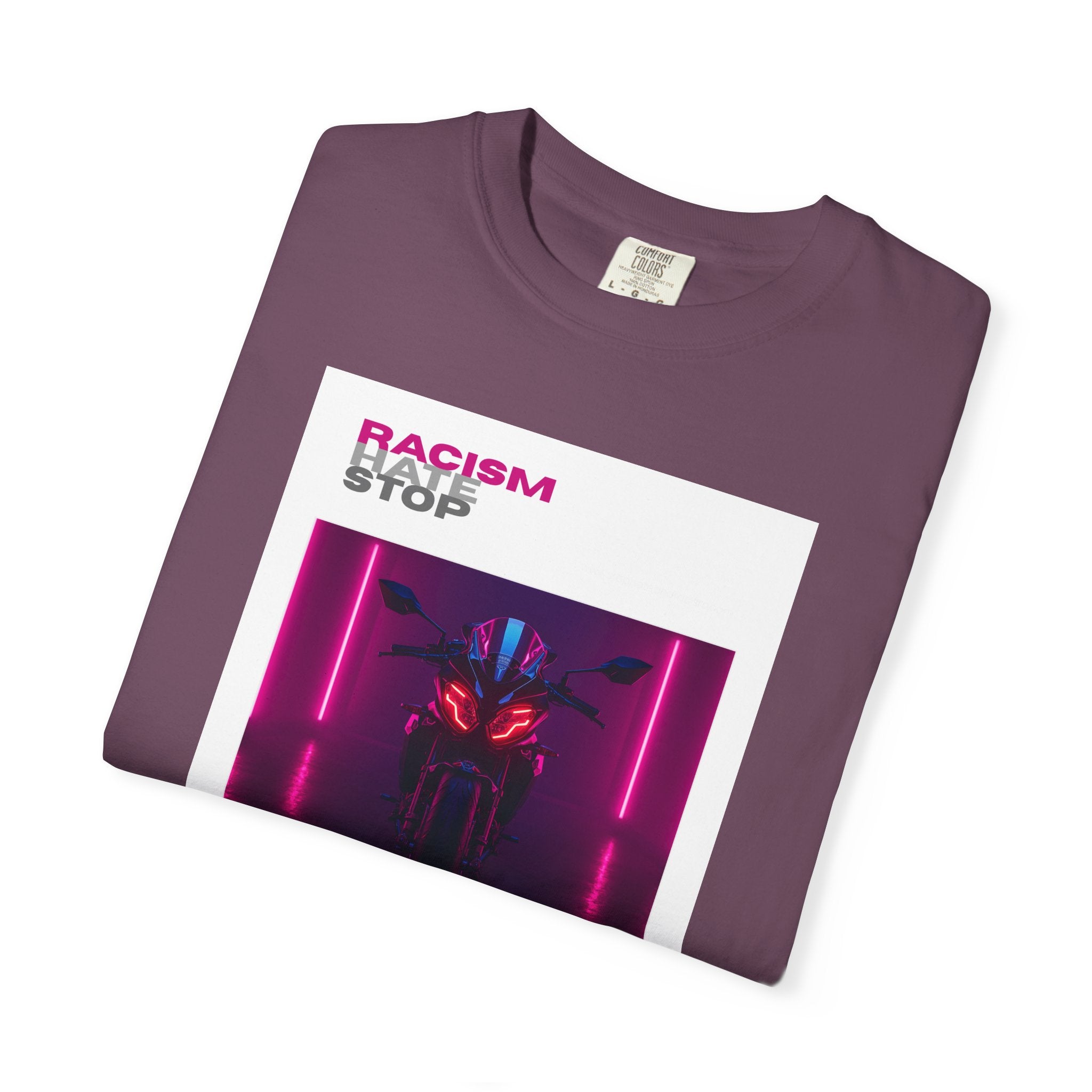 Anti-Racism Graphic T-Shirt — “Racism Stop” Neon Robot Design