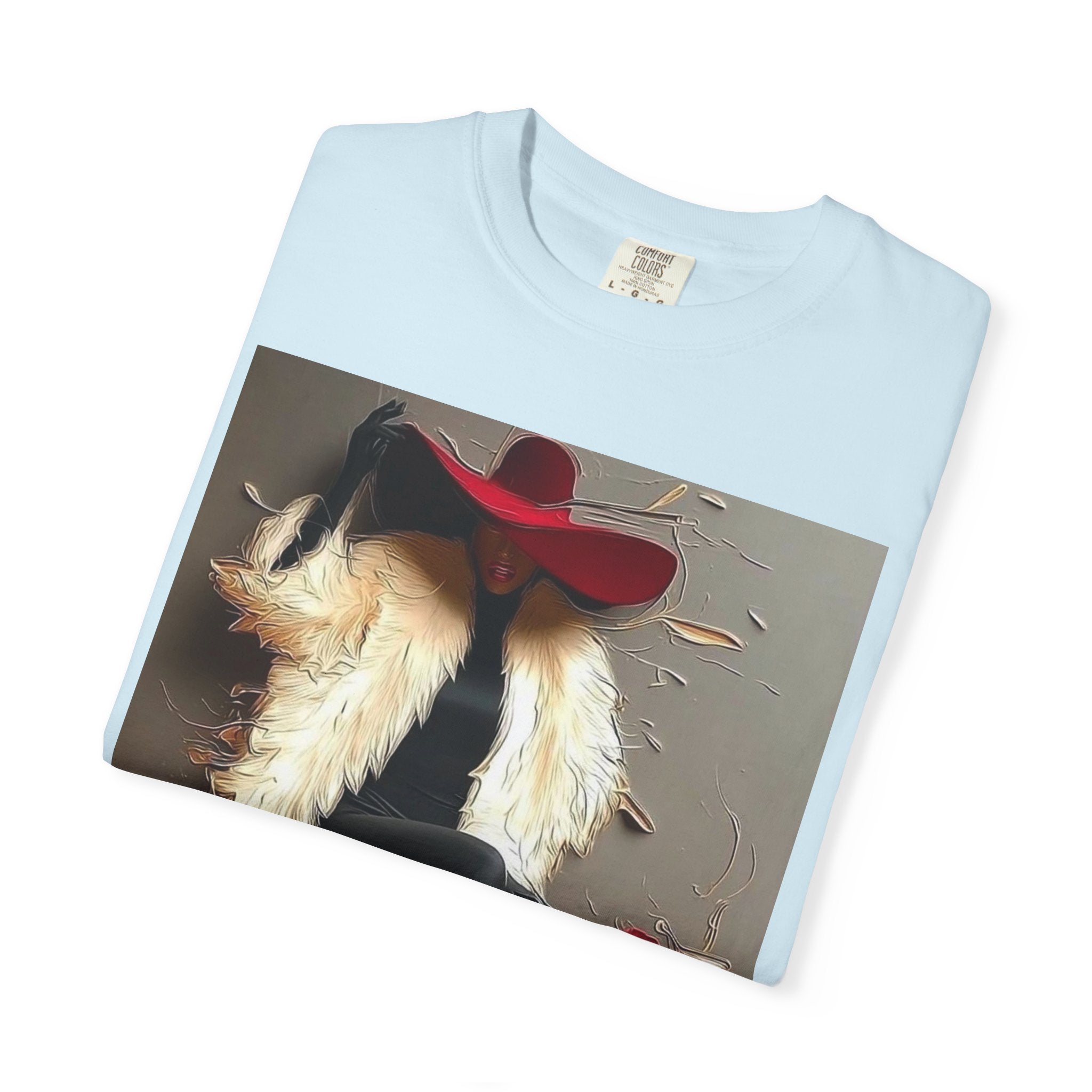 Vintage Glam Femme T-Shirt — Red Hat, Fur & Stiletto Art Tee