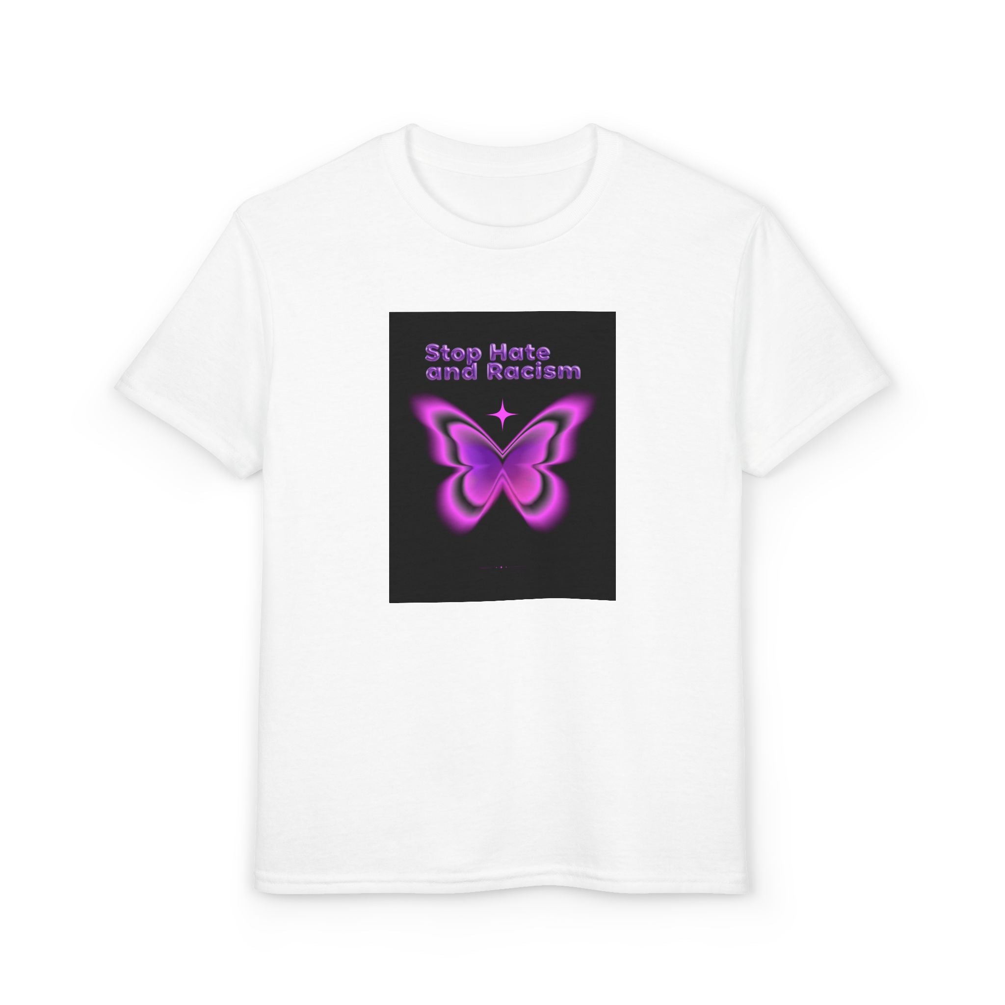 Youth T-Shirt — "Stop Hate and Racism" Pink Butterfly Anti-Racism Tee