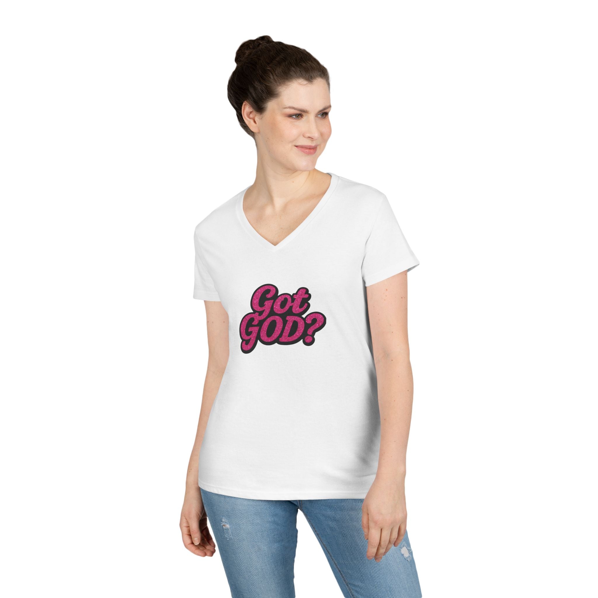 Got GOD? Ladies' V-Neck T-Shirt — Retro Pink Faith Graphic