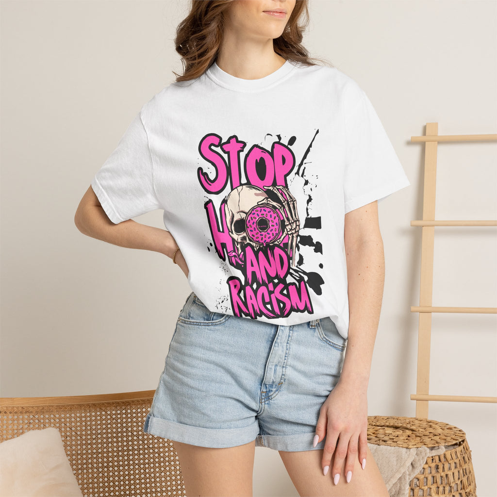 Stop H8 and Racism Graphic Tee — Anti-Racism Skull Donut Protest T-Shirt