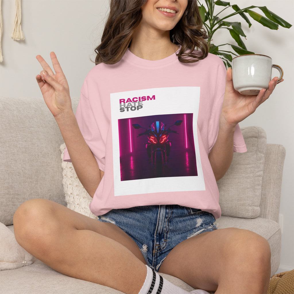 Anti-Racism Graphic T-Shirt — “Racism Stop” Neon Robot Design