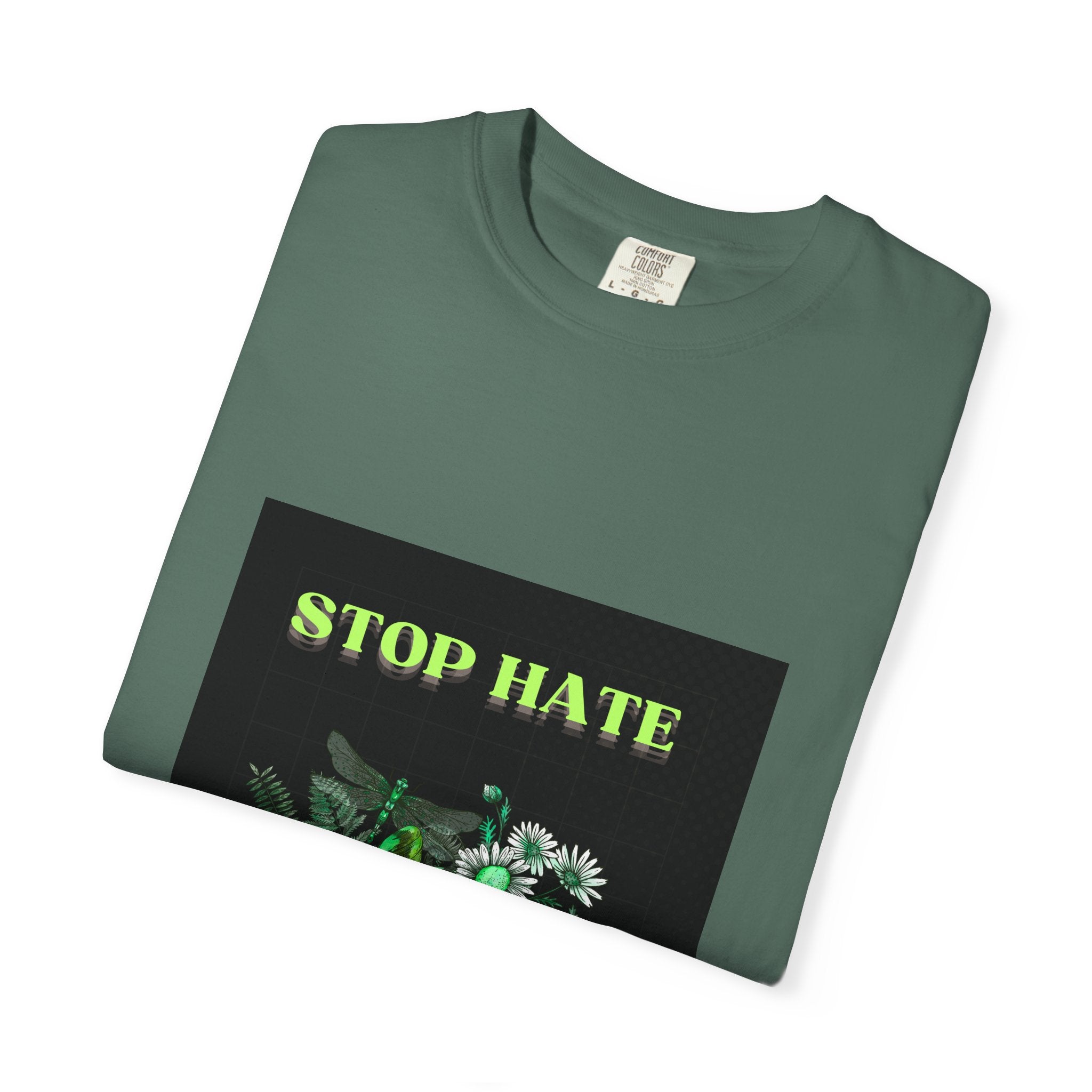 Stop Hate Skull T-Shirt — Green Floral Skull Graphic Tee
