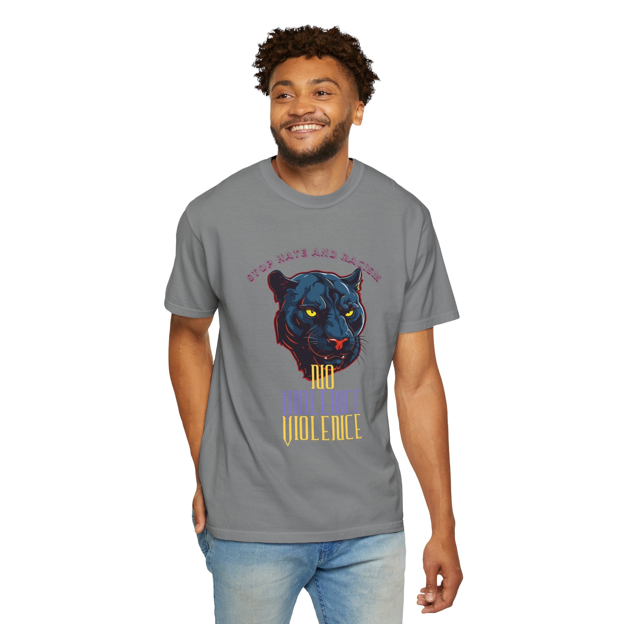 No Violence Panther T-Shirt — Graphic Animal Tee with 'No Violence' Text