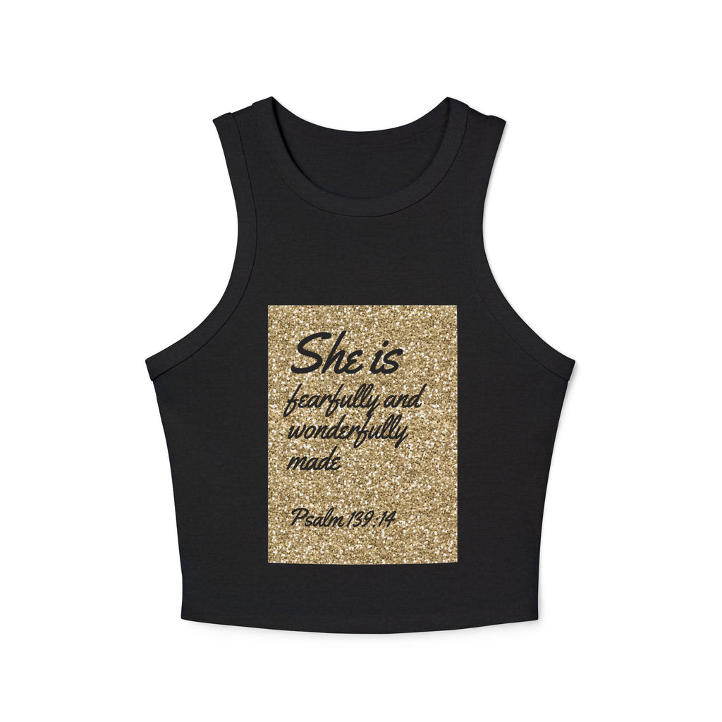 Racer Tank — "She is fearfully and wonderfully made" Gold Psalm 139:14 Inspirational Tank