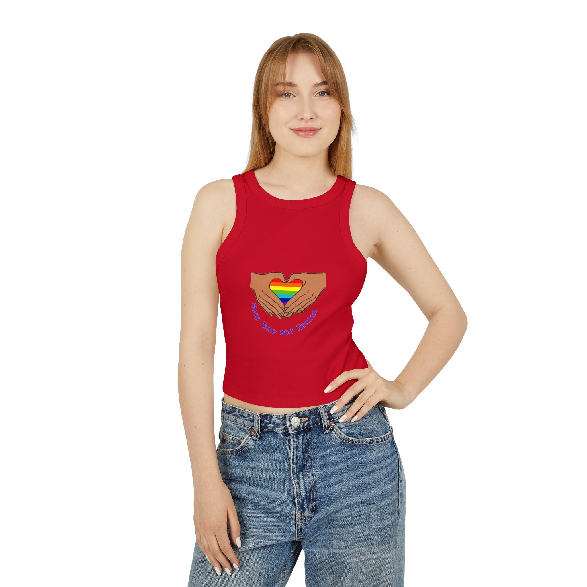 Racer Tank - Rainbow Heart Hands “Love Wins and Hugs” Pride Crop Top
