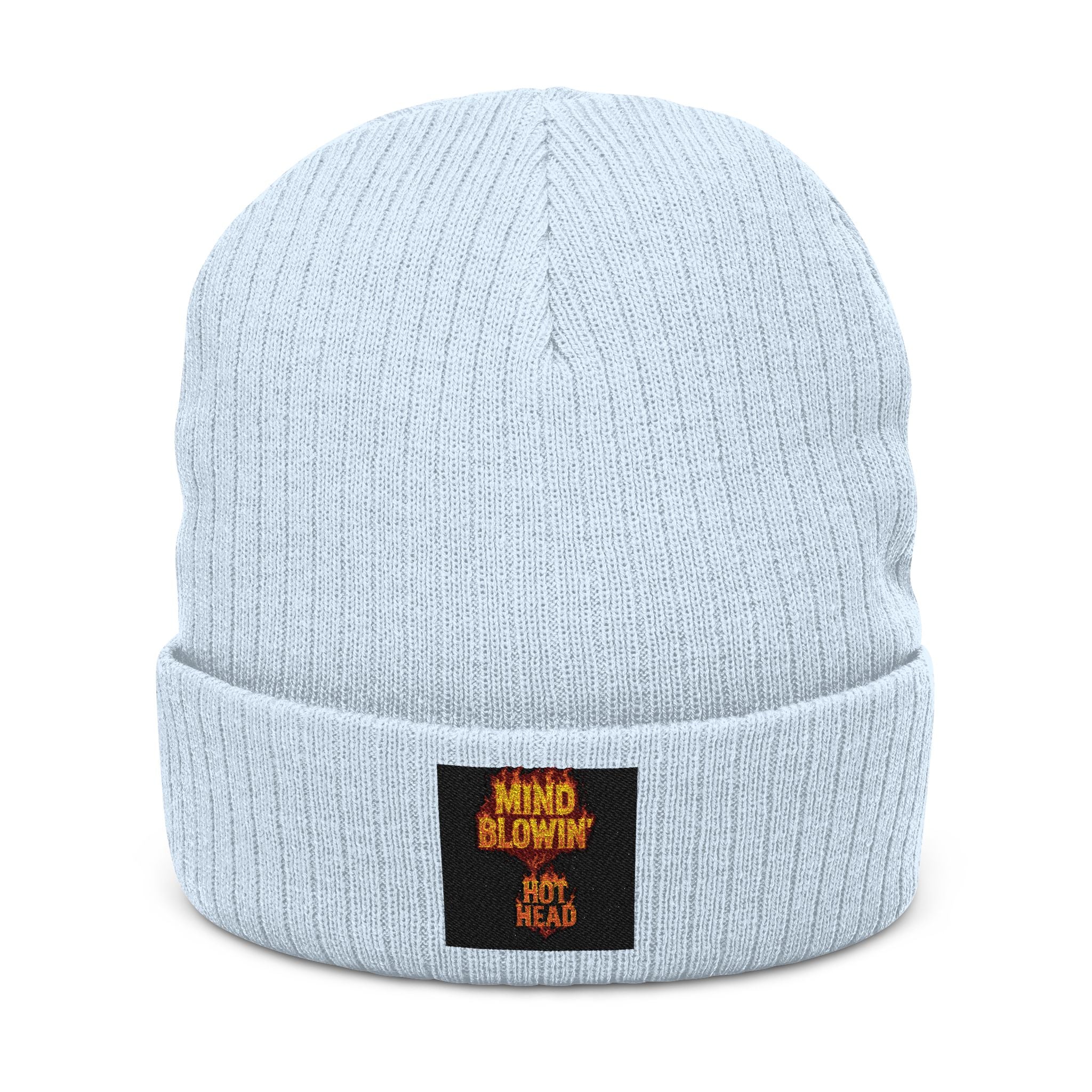 Embroidered 'Mind Blown' Flame Beanie — Ribbed Knit Winter Hat