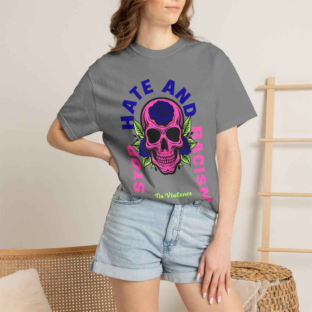 Stop Hate and Racism Skull T-Shirt — Anti-Racism Statement Tee