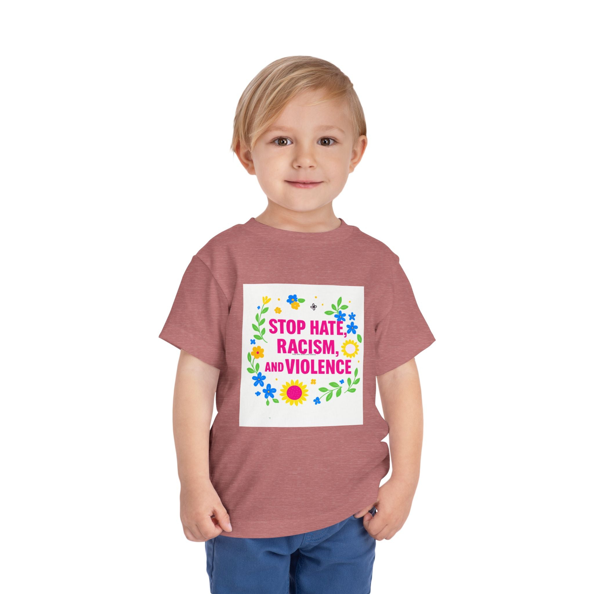 Toddler Tee — "Stop Hate, Racism, and Violence" Floral Anti-Racism Kids Shirt