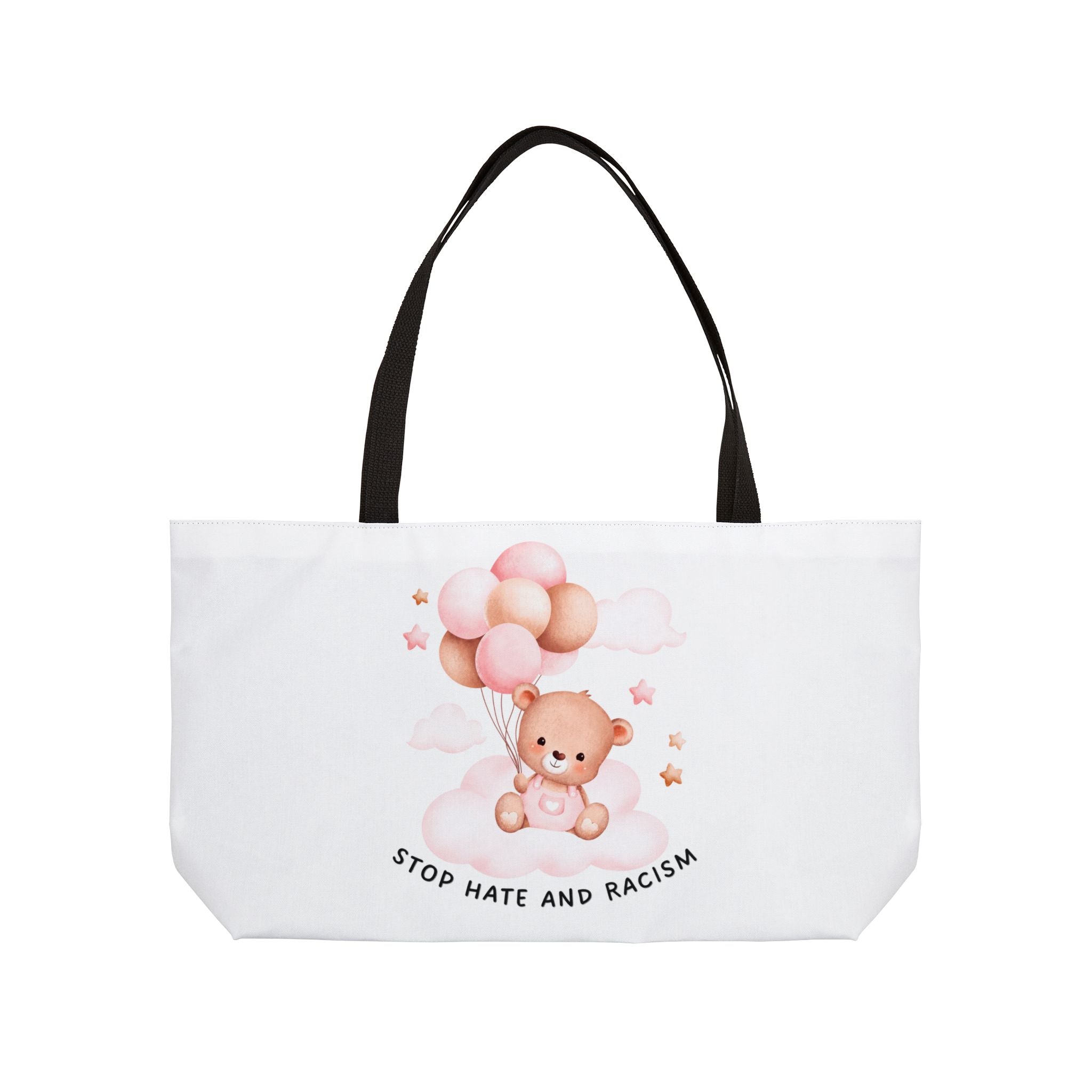 Weekender Tote Bag — Cute Teddy Balloon Design “Stop Hate and Racism”