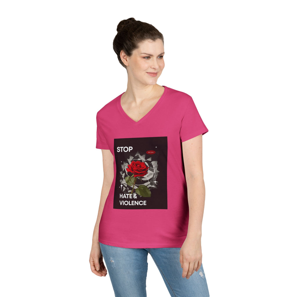 Stop Hate & Violence Women's V-Neck T-Shirt — Red Rose Peace Graphic Tee
