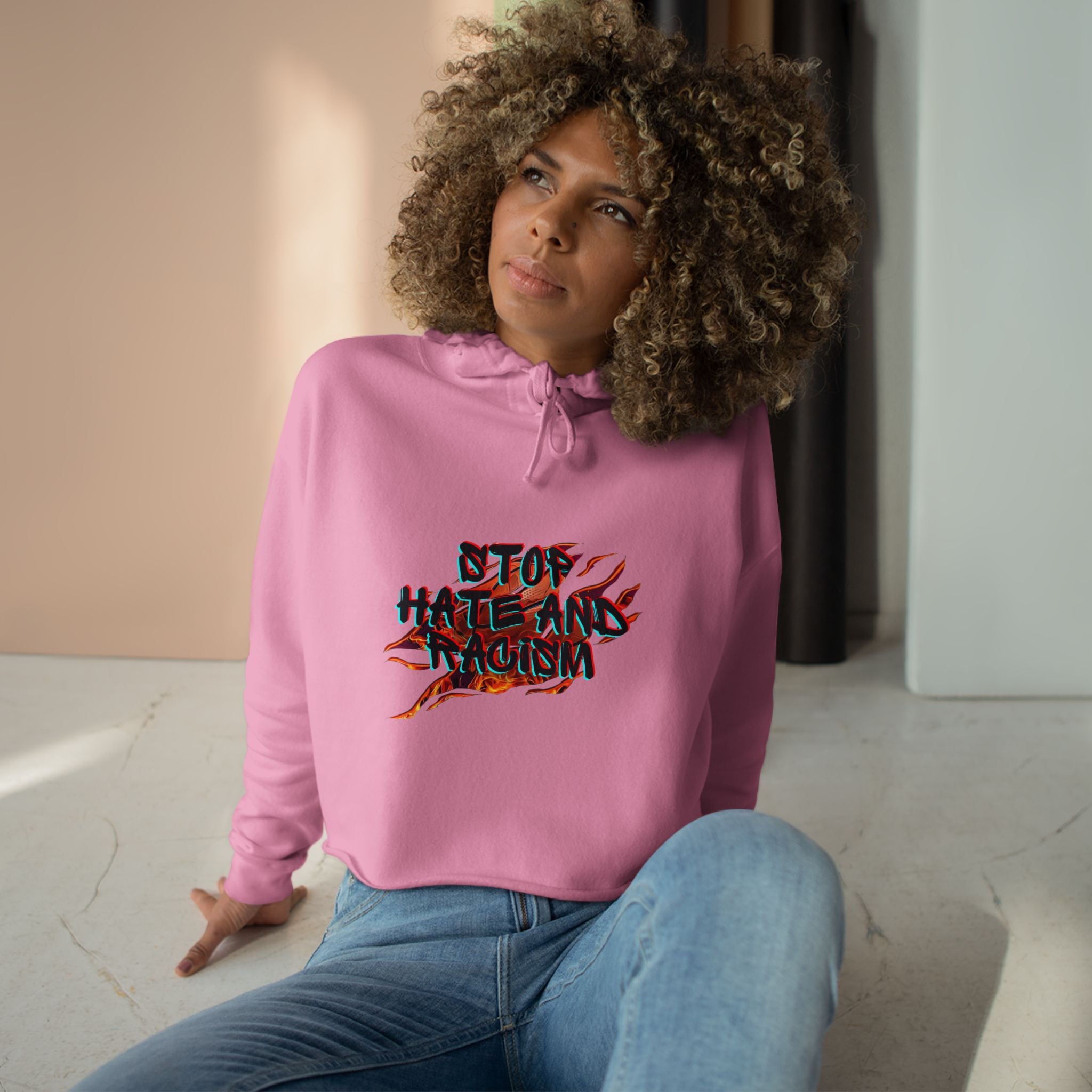 Crop Hoodie — “Stop Hating, Start Living” Flame Graphic Cropped Hoodie