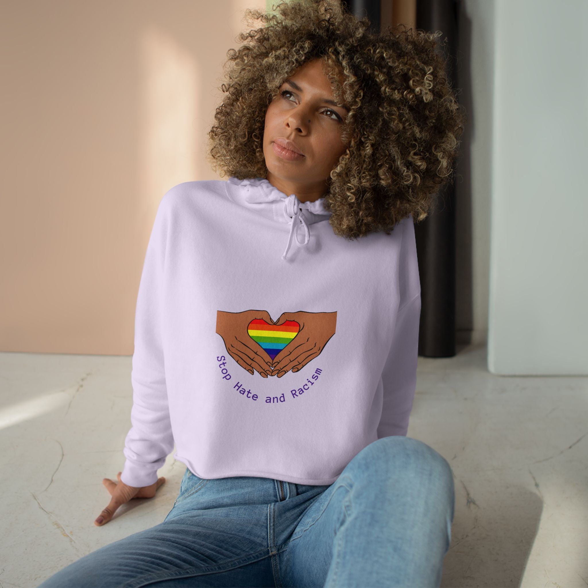 Cropped Hoodie — Rainbow Heart Hands "Stop Hate and Resist" LGBTQ+ Pride