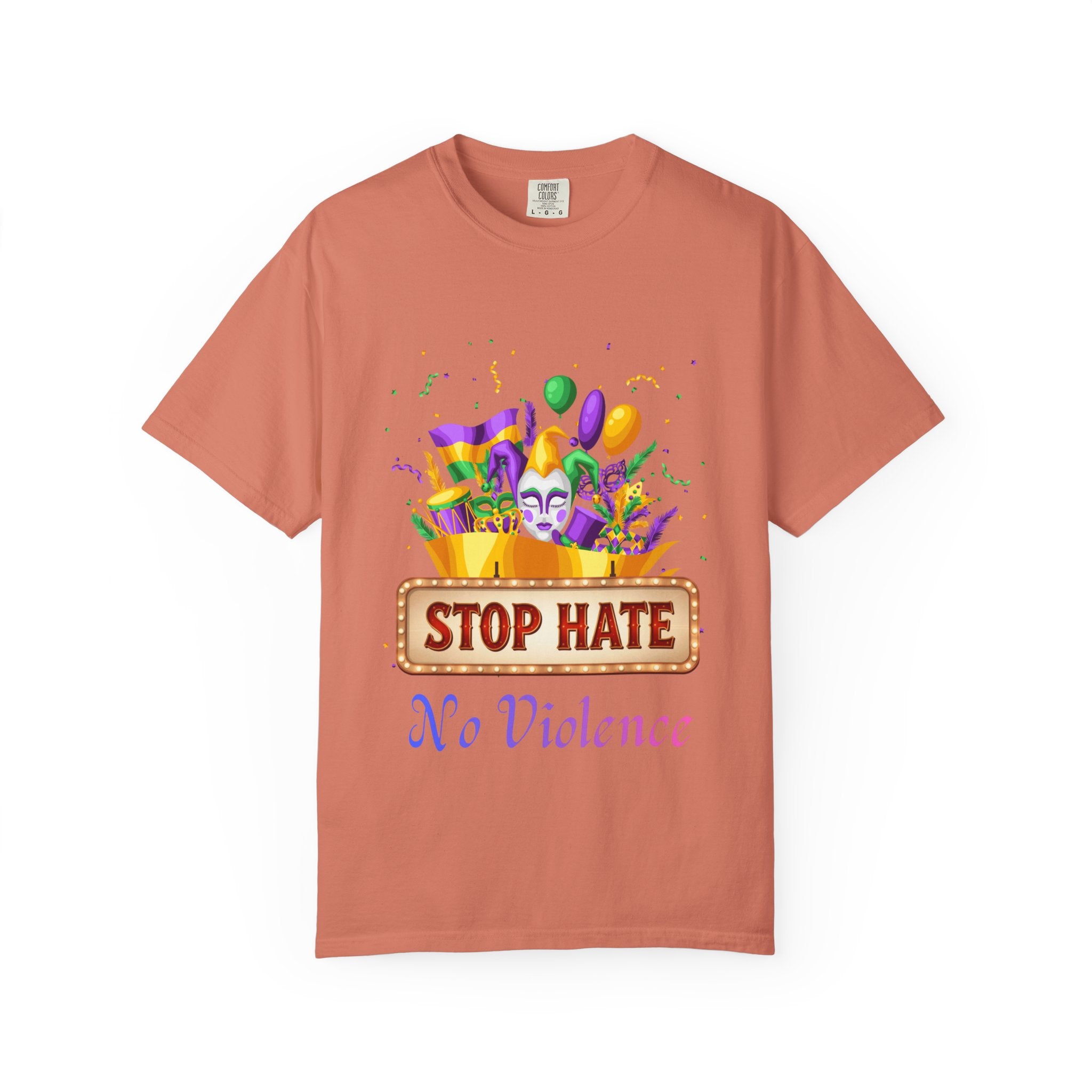 T-Shirt — "Stop Hate, No Violence" Mardi Gras Parade Design