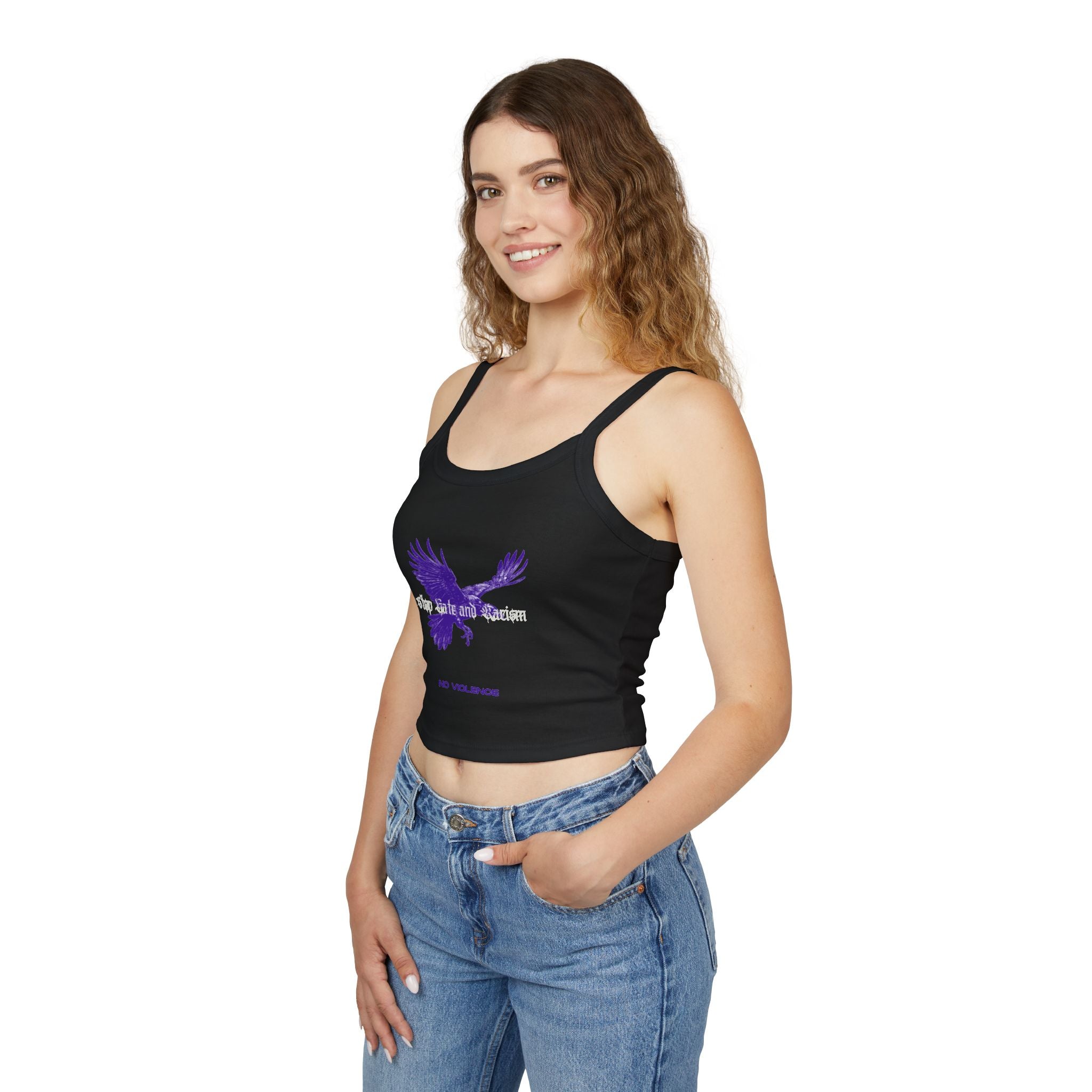 Eagle No Violence Crop Tank Top — Women's Purple Flying Eagle Graphic