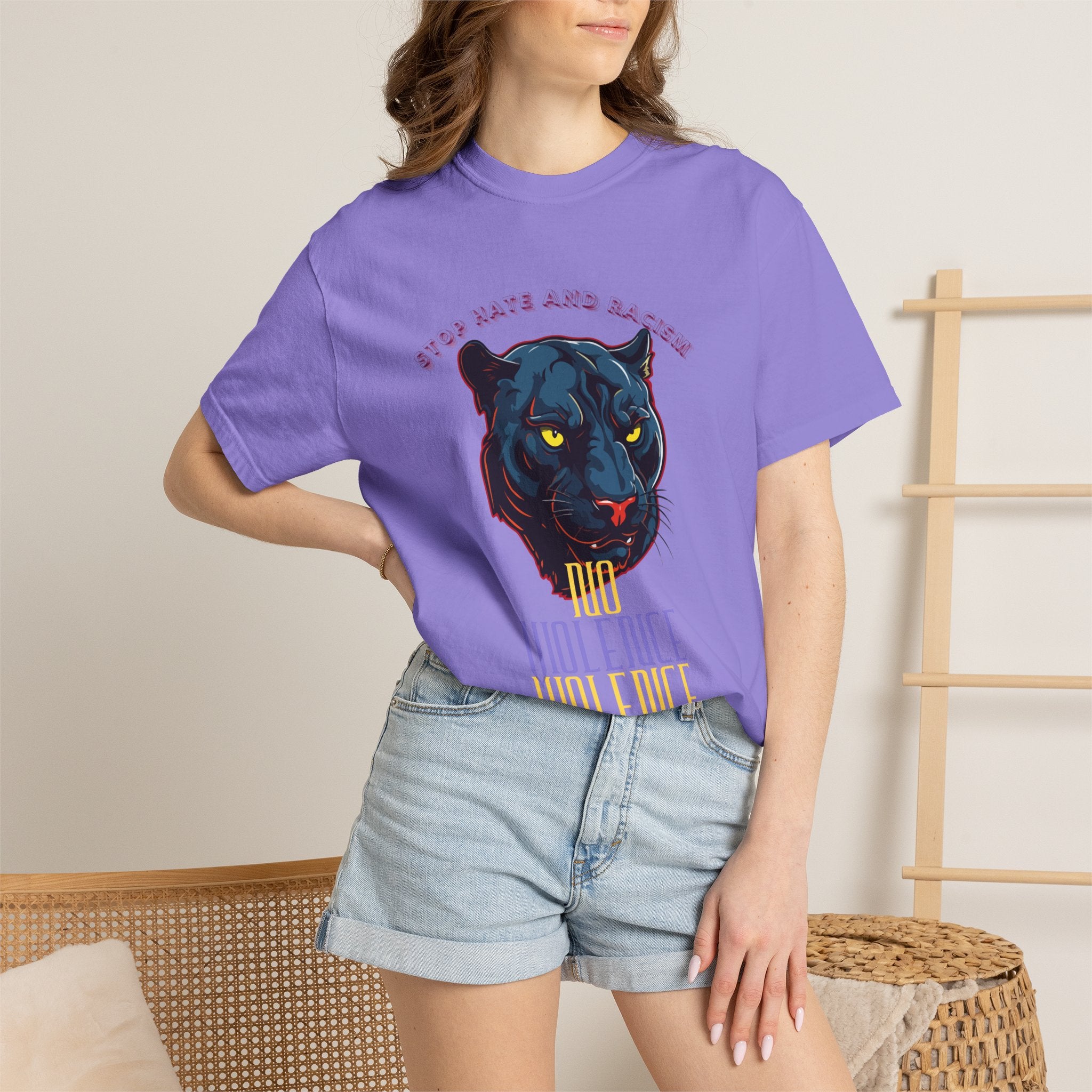 No Violence Panther T-Shirt — Graphic Animal Tee with 'No Violence' Text