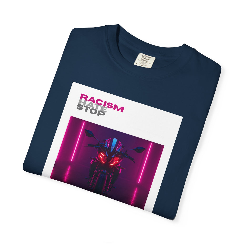 Anti-Racism Graphic T-Shirt — “Racism Stop” Neon Robot Design