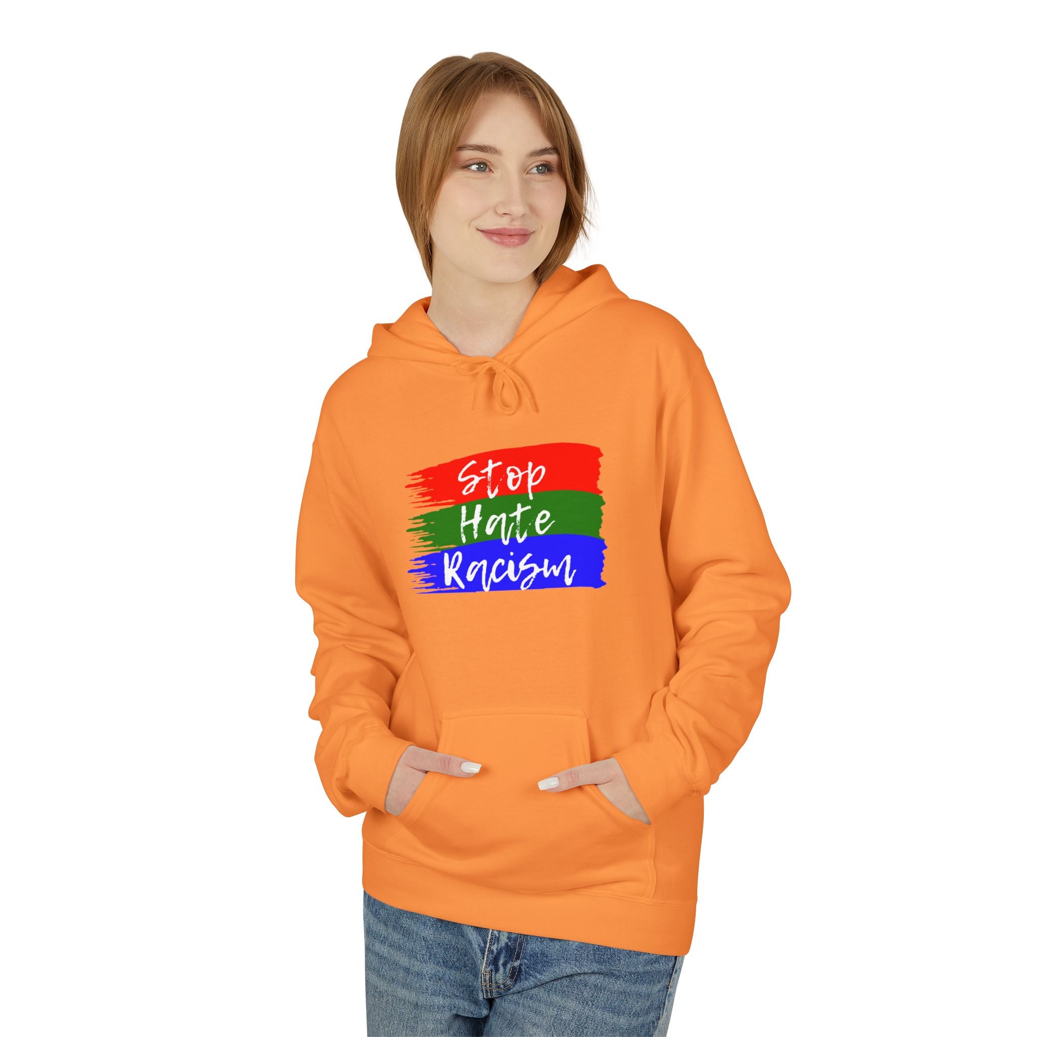 Hoodie — Stop Hate Rebuild (Red-Green-Blue Brushstroke)