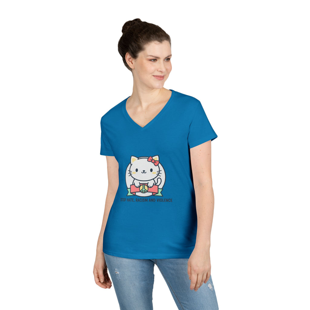 Stop Hate Kitty V-Neck Tee — Cute Anti-Racism Message Shirt