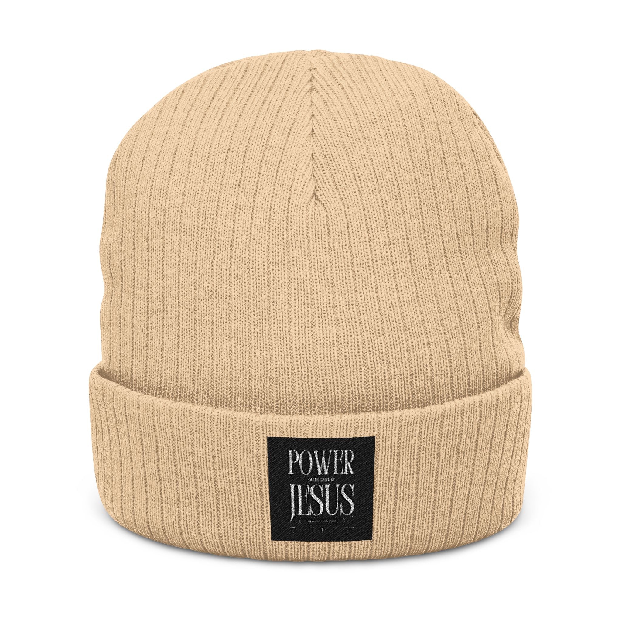 Embroidered "POWR JESUS" Ribbed Beanie — Cozy Christian Knit Hat
