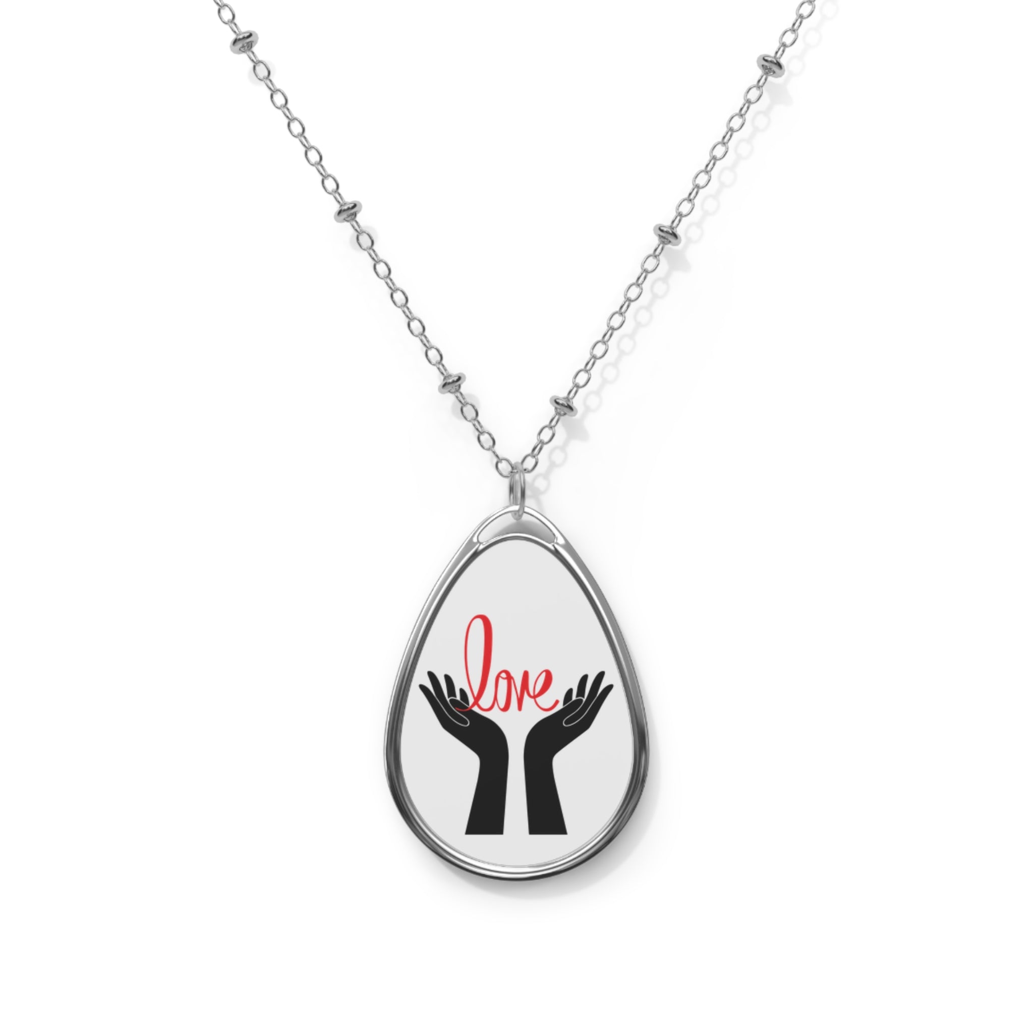 Love Hands Oval Necklace – Silver Teardrop Pendant with 'love' Script