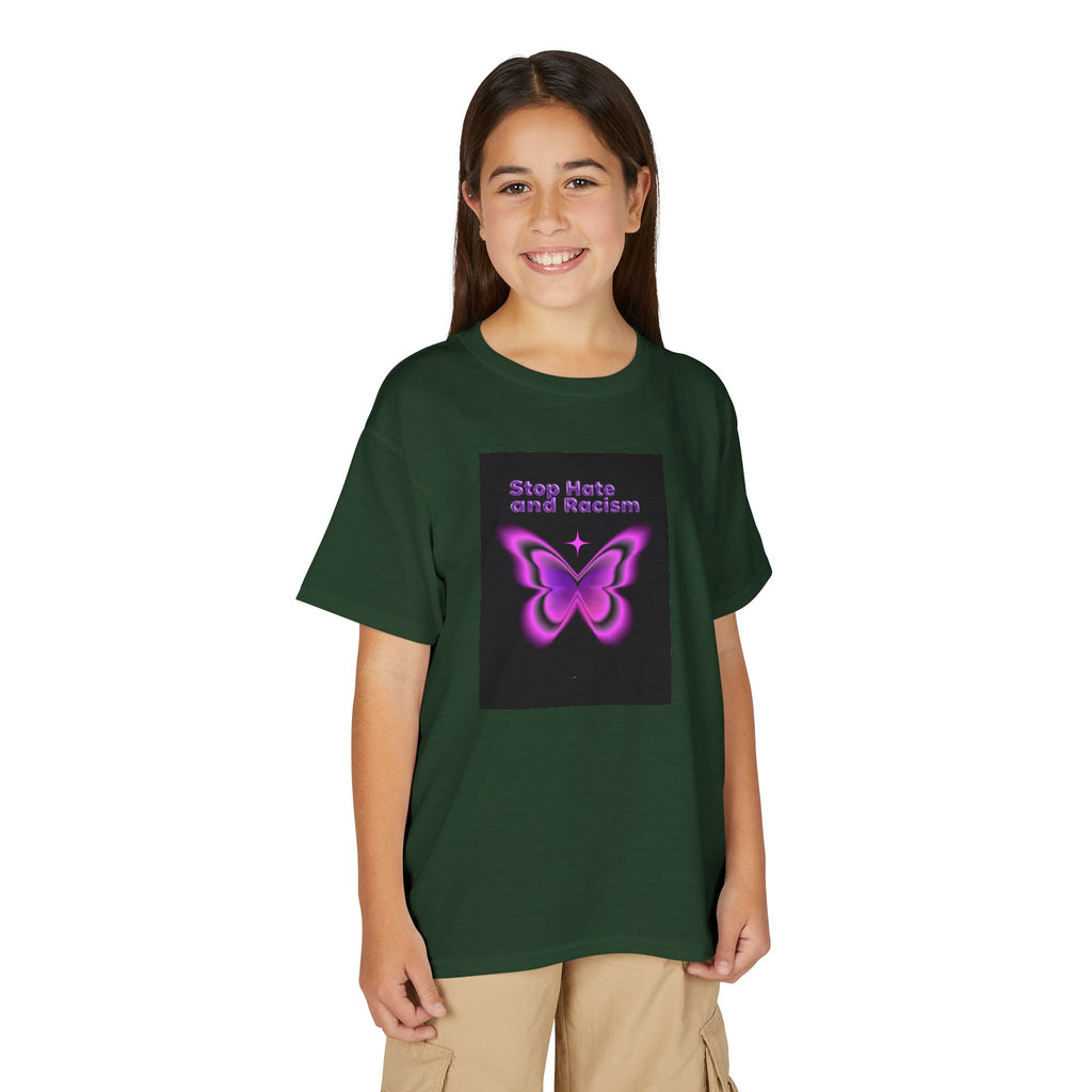 Youth T-Shirt — "Stop Hate and Racism" Pink Butterfly Anti-Racism Tee