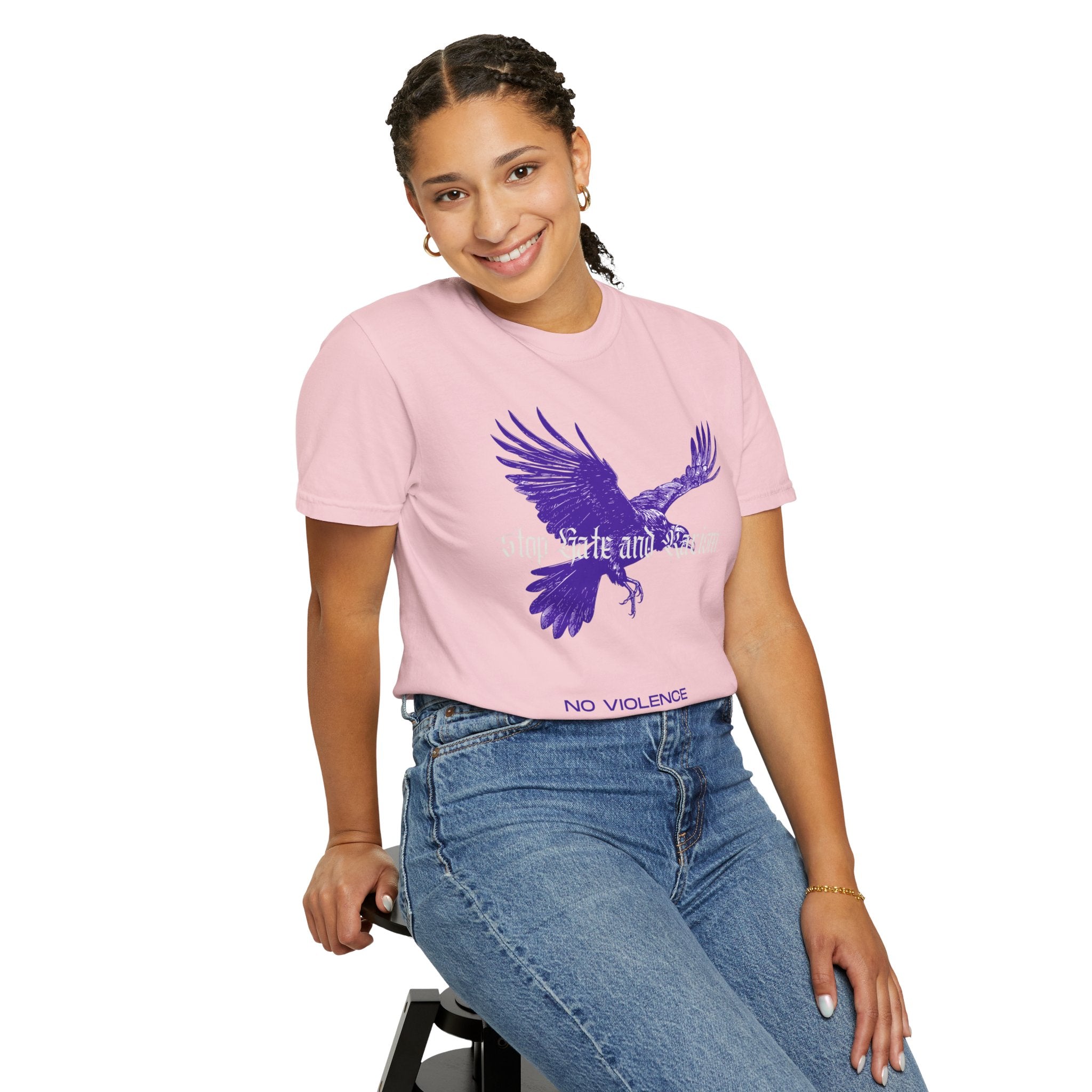 No Violence Raven T-Shirt — Purple Flying Crow Graphic Tee
