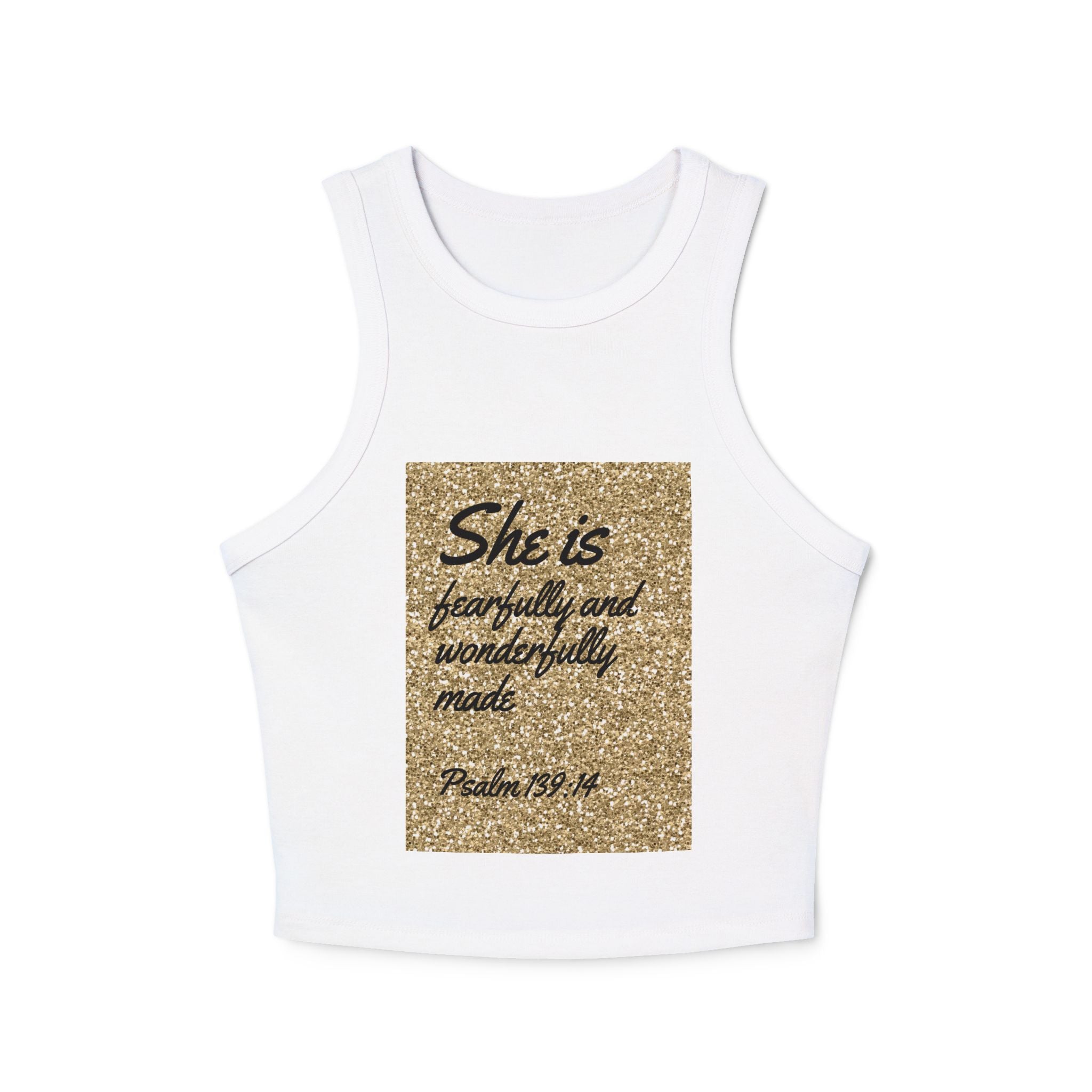 Racer Tank — "She is fearfully and wonderfully made" Gold Psalm 139:14 Inspirational Tank