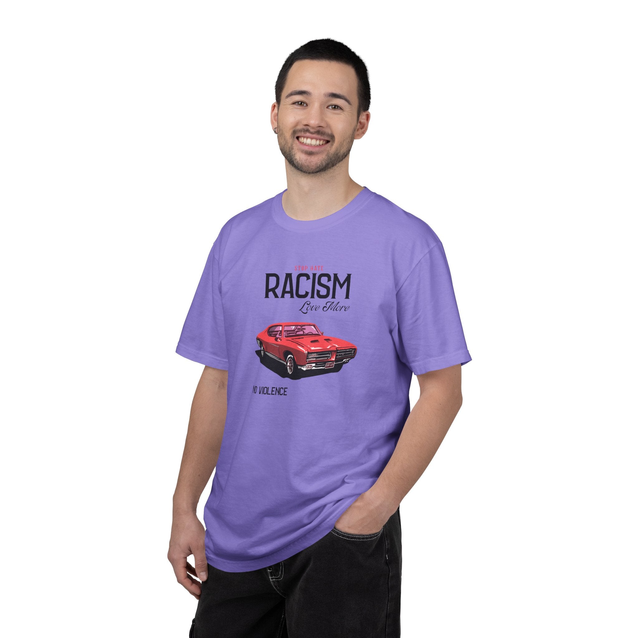 Anti-Racism Graphic T-Shirt — “Stop Hate, Racism, Love More” with Vintage Red Muscle Car