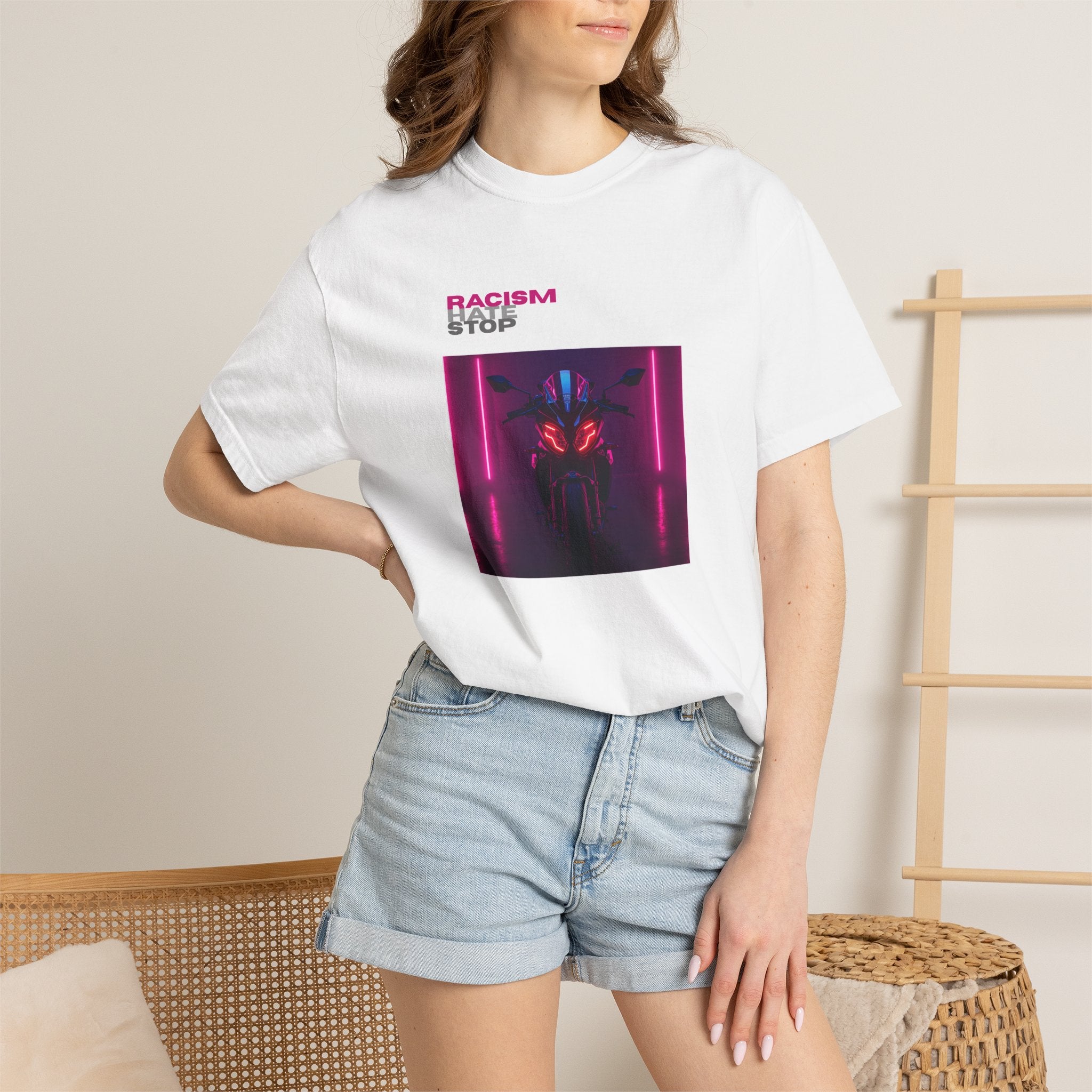 Anti-Racism Graphic T-Shirt — “Racism Stop” Neon Robot Design