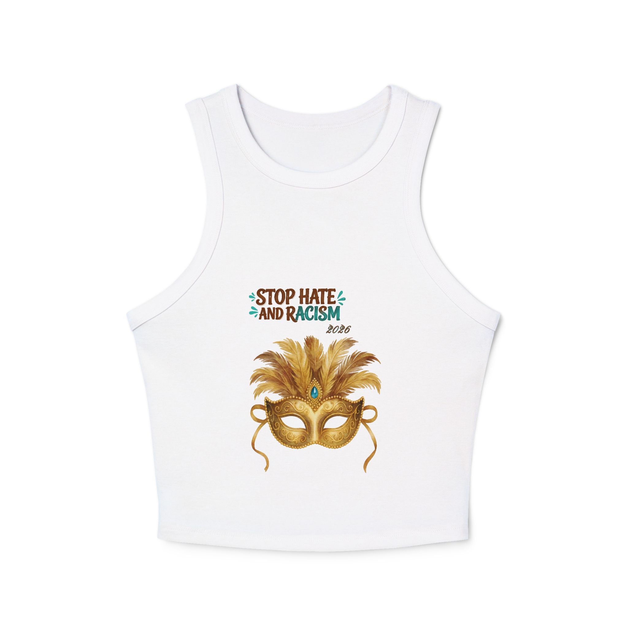 Mardi Gras Feather Mask Tank — "Stop Hate and Racism" Women's Racer Crop