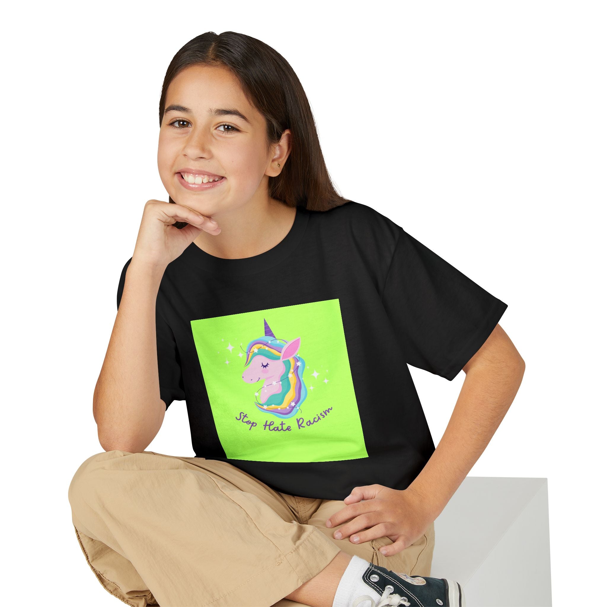 Youth T-Shirt — Rainbow Unicorn “Stop Hate Racism” Graphic