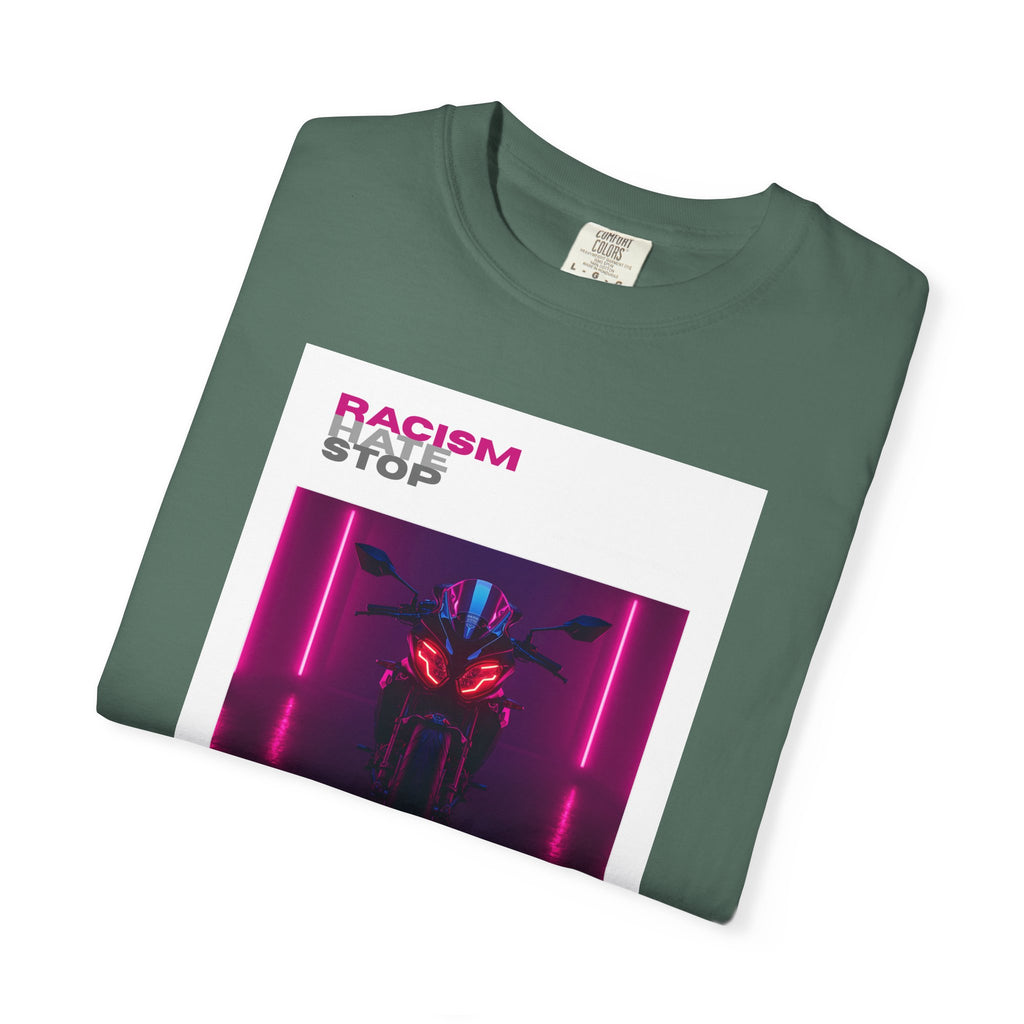 Anti-Racism Graphic T-Shirt — “Racism Stop” Neon Robot Design