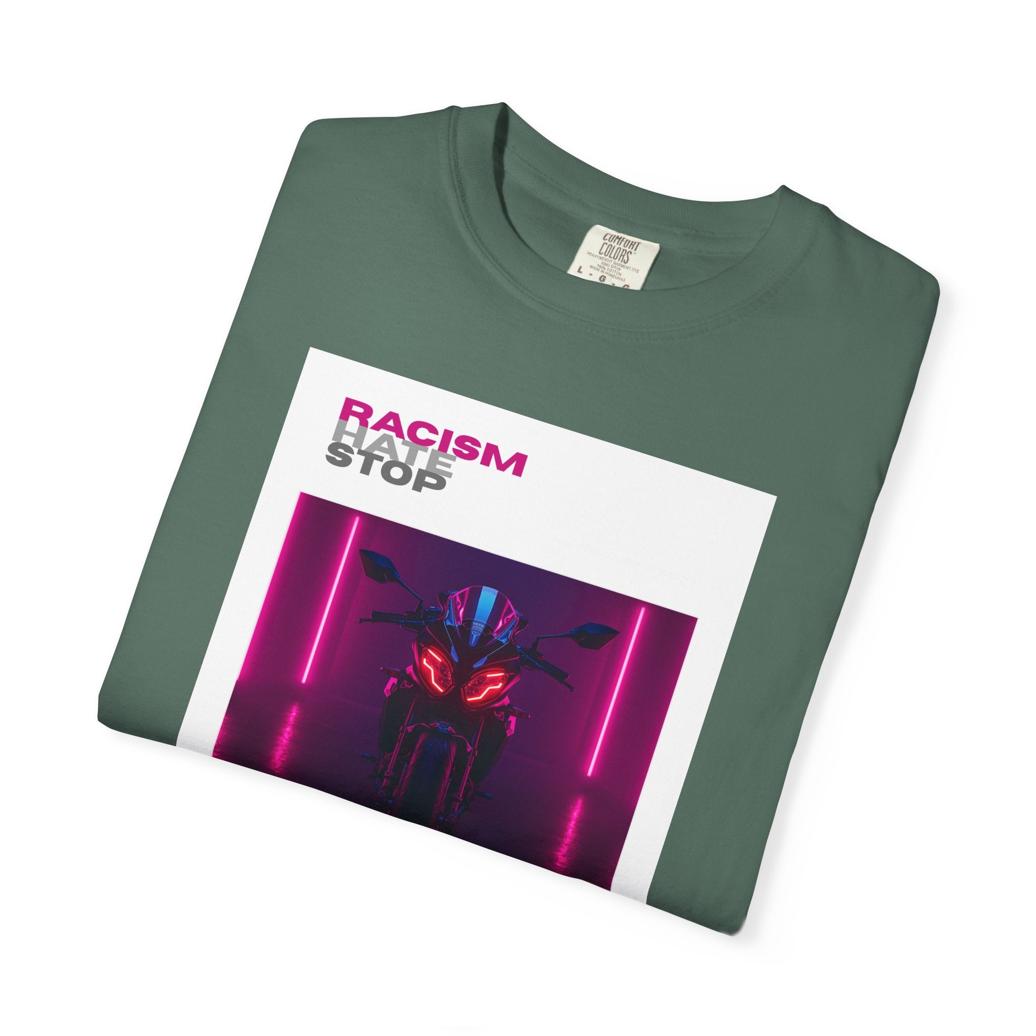 Anti-Racism Graphic T-Shirt — “Racism Stop” Neon Robot Design