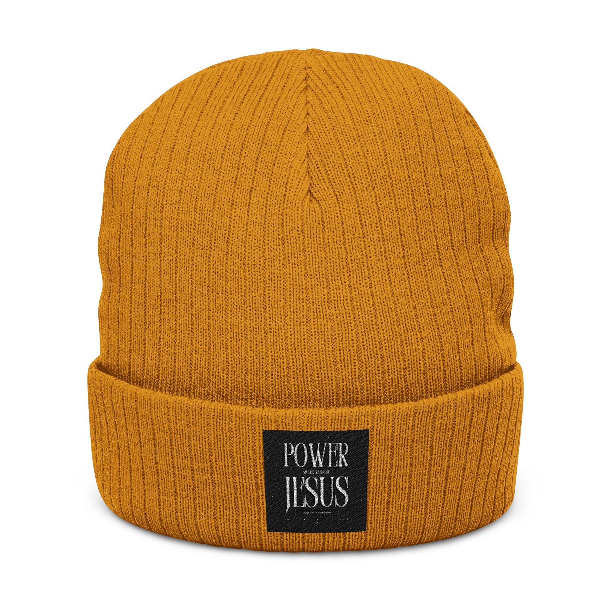 Embroidered "POWR JESUS" Ribbed Beanie — Cozy Christian Knit Hat