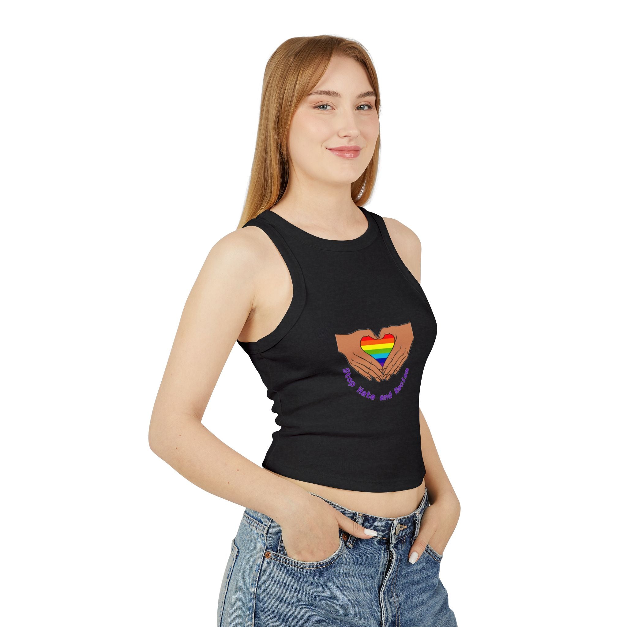 Racer Tank - Rainbow Heart Hands “Love Wins and Hugs” Pride Crop Top