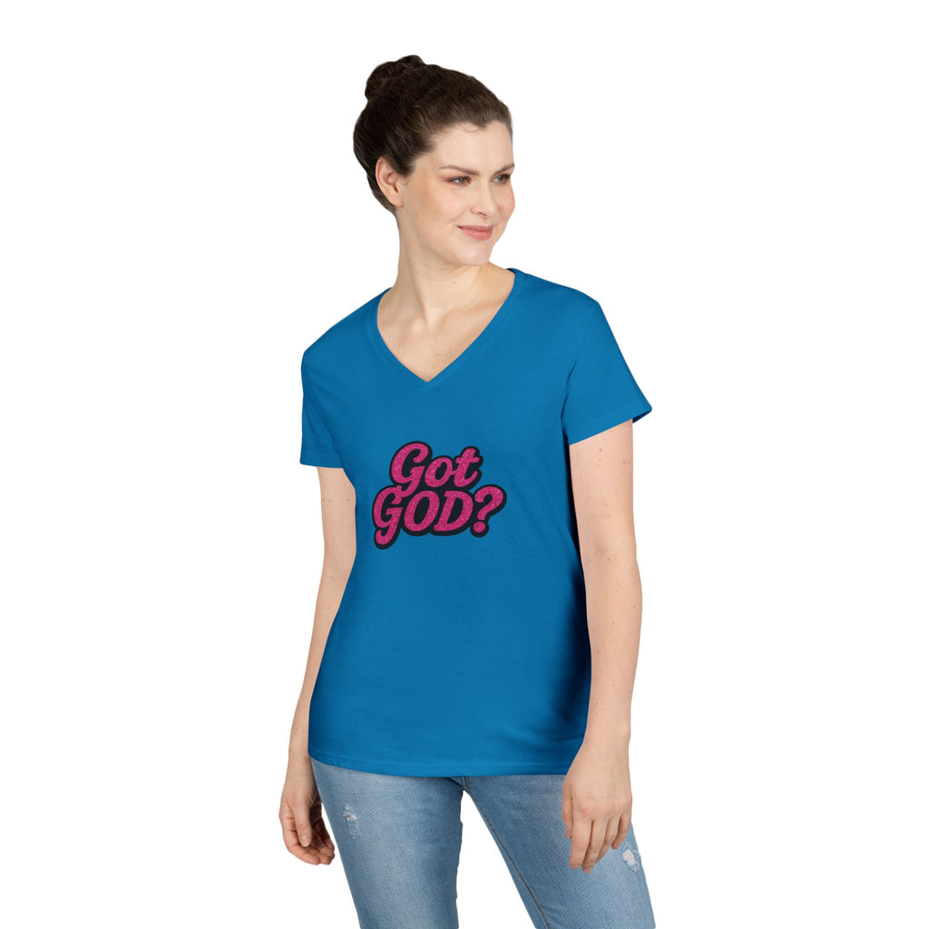 Got GOD? Ladies' V-Neck T-Shirt — Retro Pink Faith Graphic