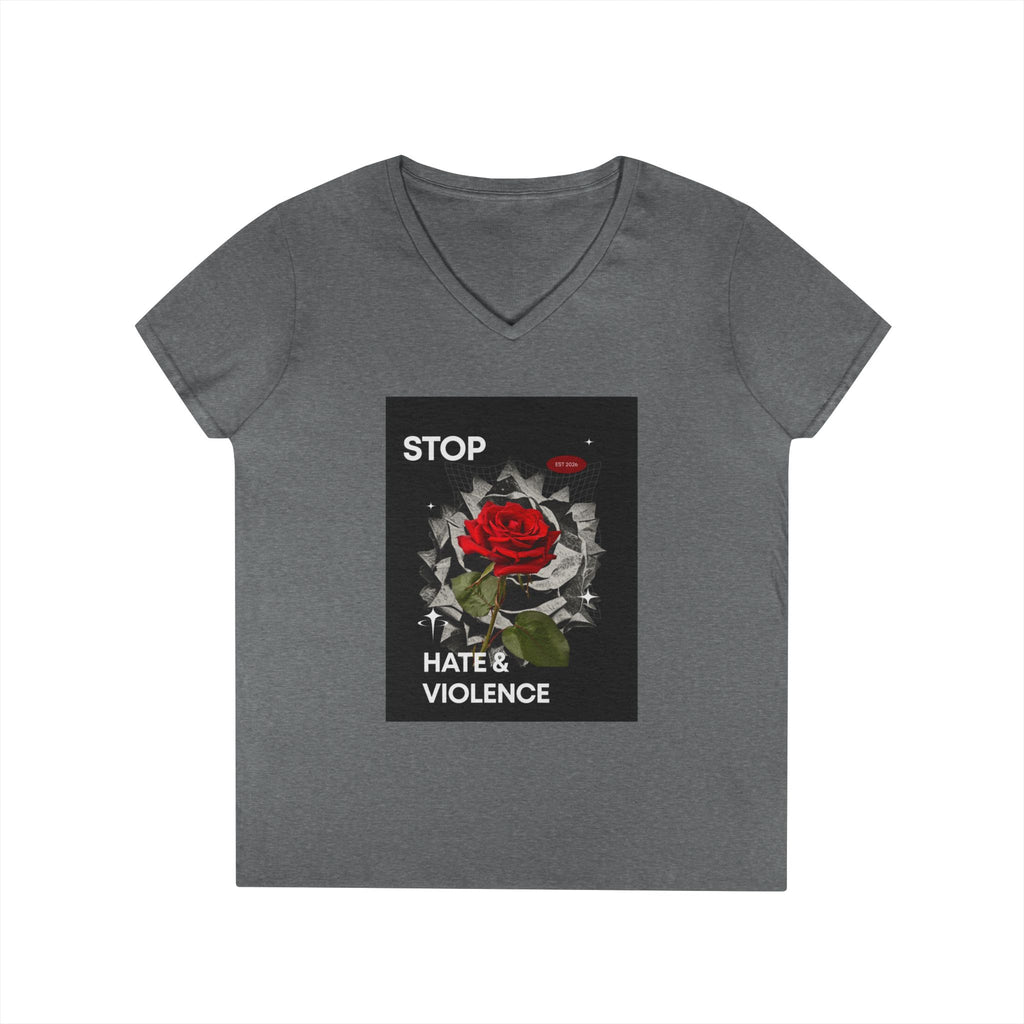 Stop Hate & Violence Women's V-Neck T-Shirt — Red Rose Peace Graphic Tee