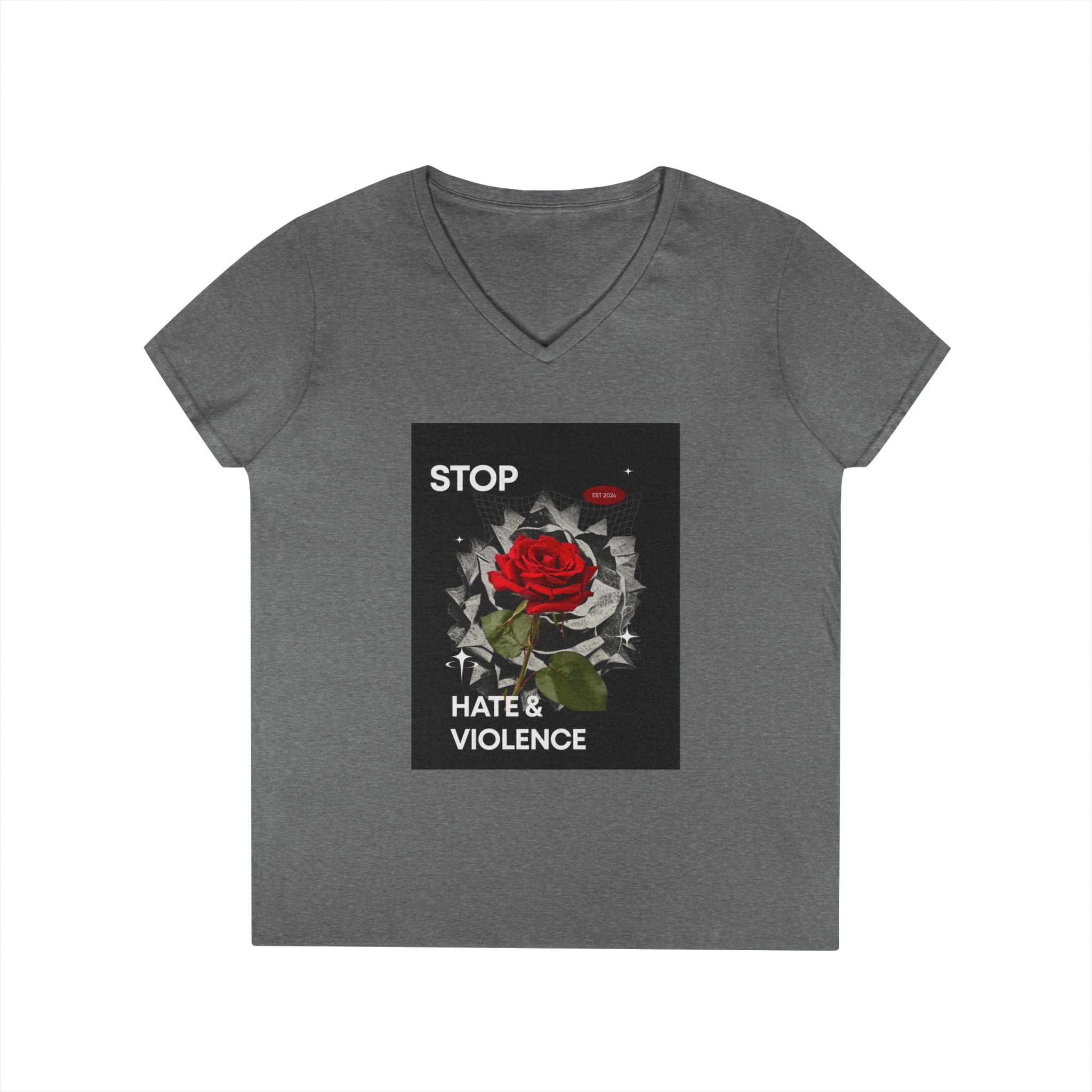 Stop Hate & Violence Women's V-Neck T-Shirt — Red Rose Peace Graphic Tee