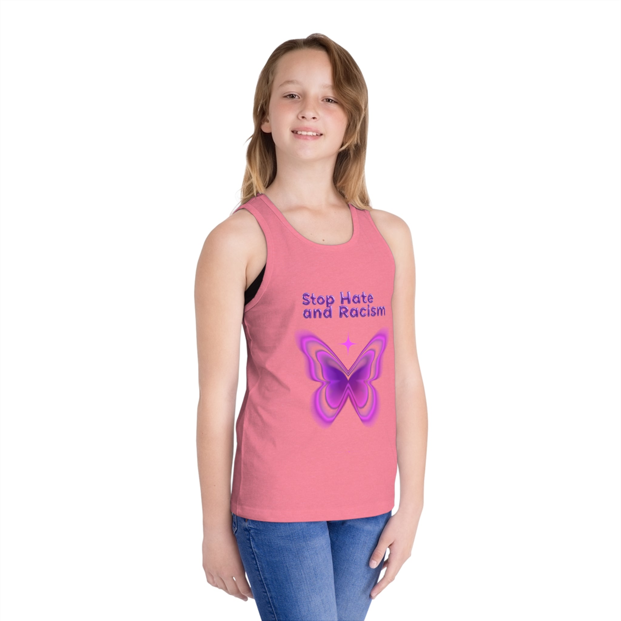 Kids Tank Top — "Stop Hate and Racism" Purple Butterfly Anti-Racism Tee