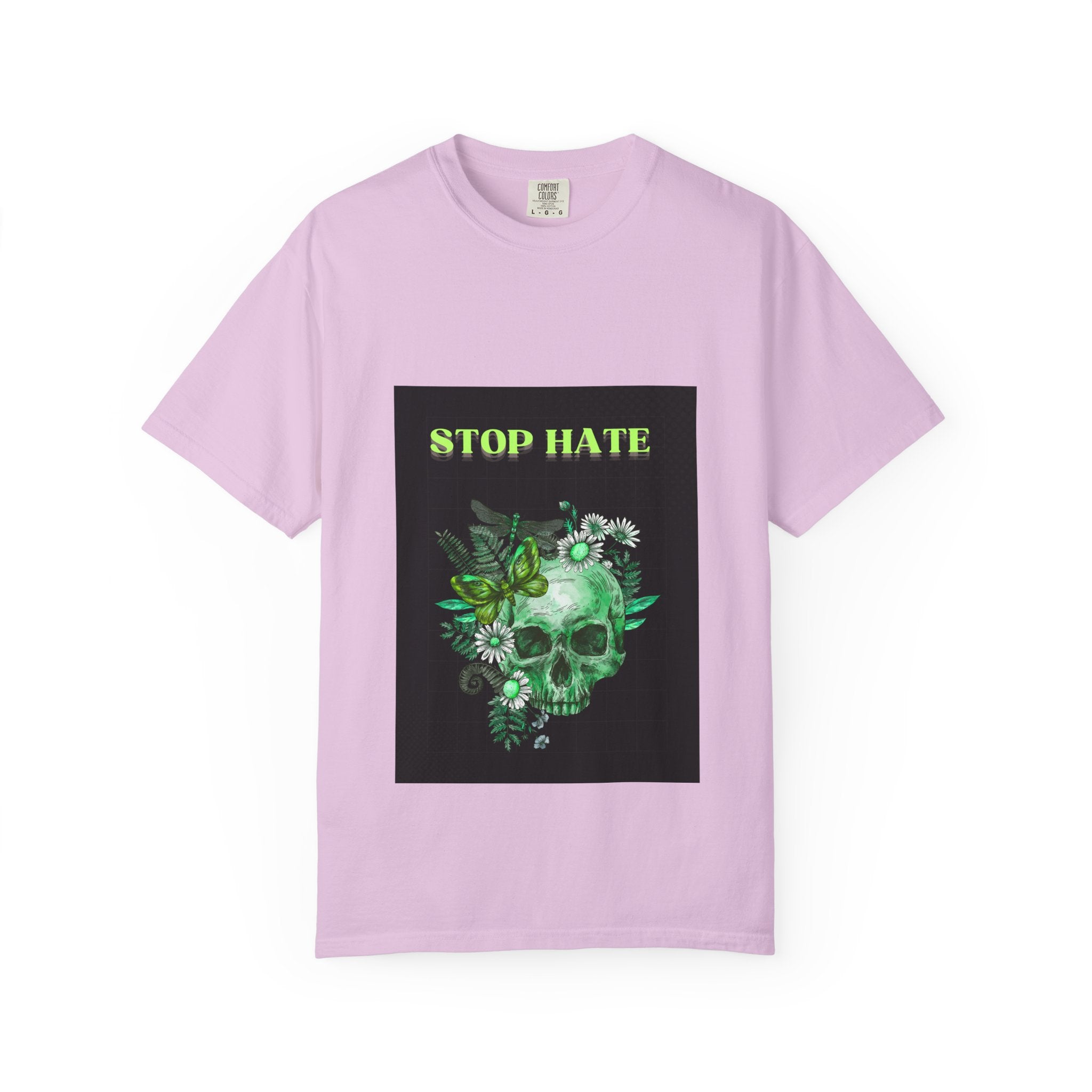 Stop Hate Skull T-Shirt — Green Floral Skull Graphic Tee